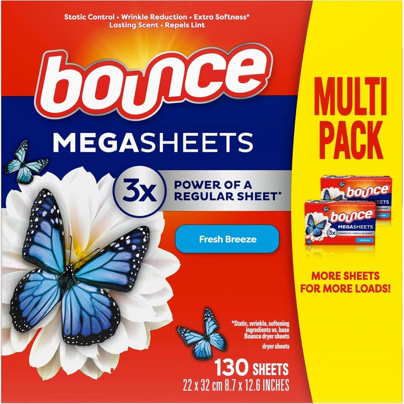 Bounce WrinkleGuard Mega Fabric Softener Dryer Sheets, Wrinkle Release with Outdoor Fresh Scent, 130 ct