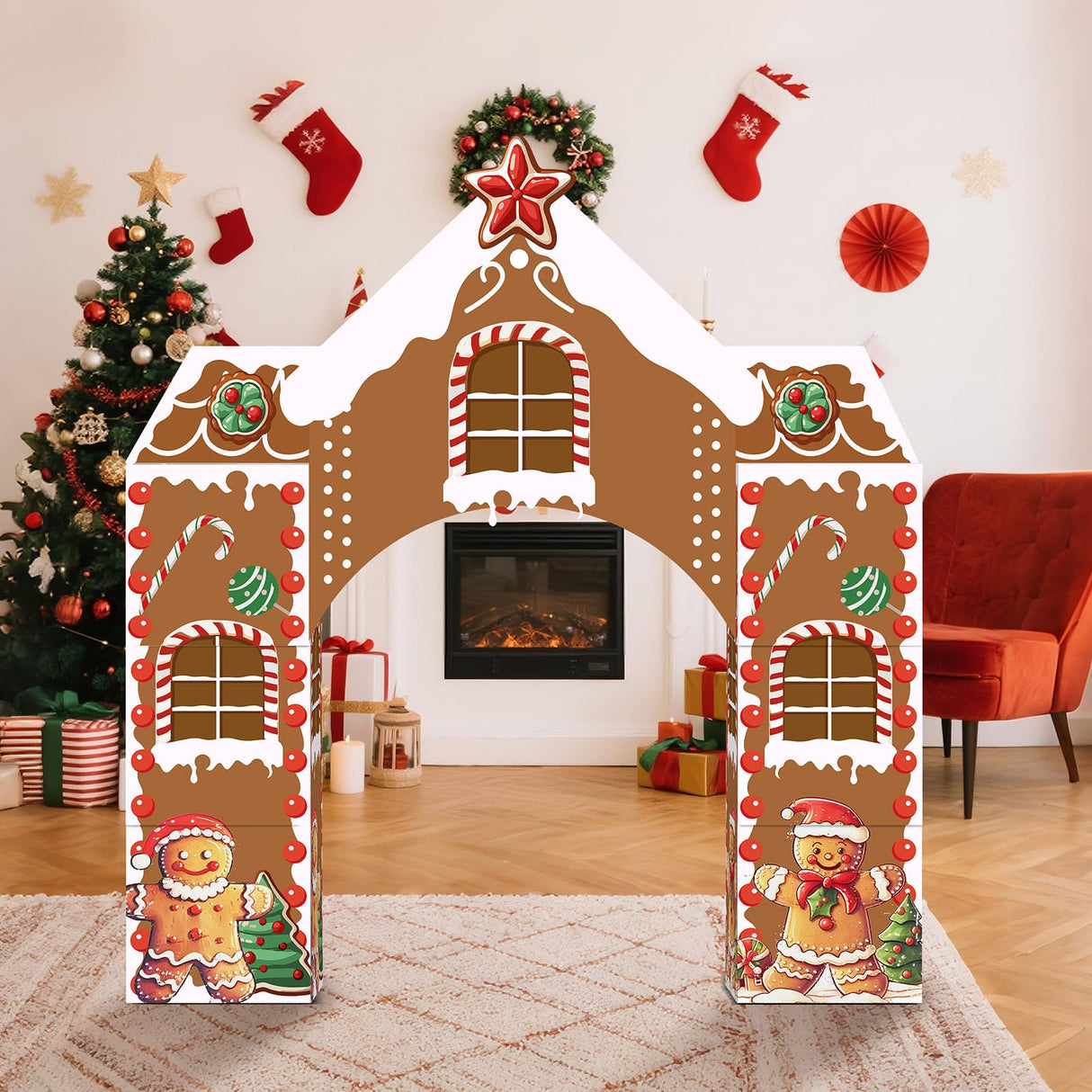 Bucherry 7 Pcs Gingerbread Playhouse Christmas Gingerbread House Decorations Christmas Cardboard Castle with Candy Arch 43 x 51 mas Party Decoration Box Fort for Xmas Winter Birthday Holiday Party