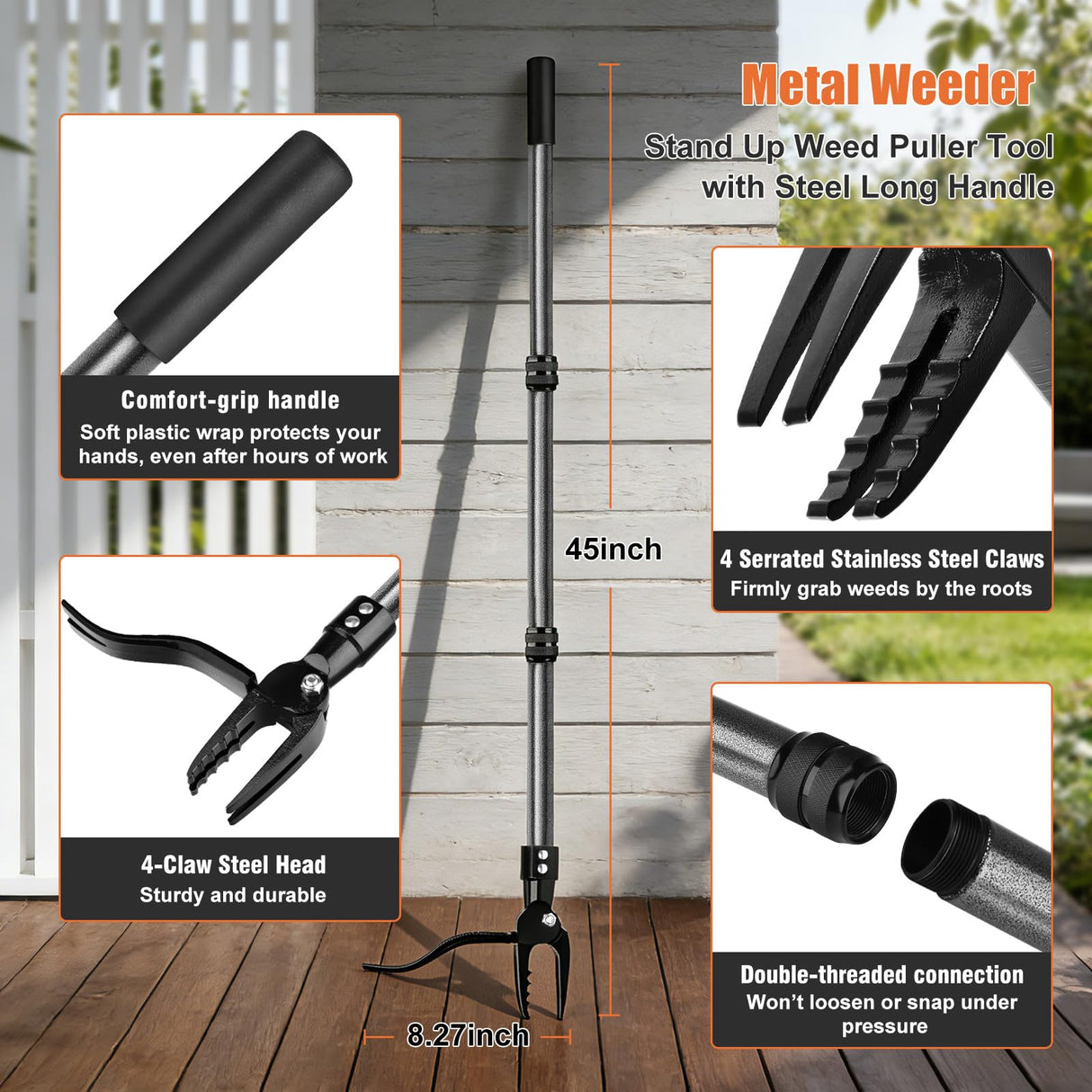 GOXAWEE Metal Stand Up Weed Puller Tool - 45" Garden Weeding Tool with Steel Long Handle & 4-Claw Steel Head - Effortlessly Remove Weeds Without Bending/Kneeling - All Steel Construction