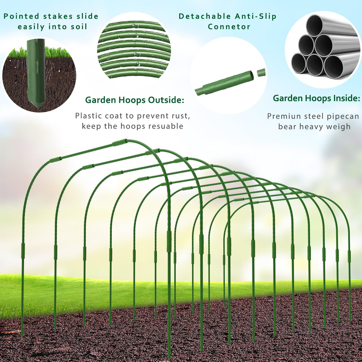 Garden Hoops for Raised beds, 10 Sets DIY Rust-Free Garden Tunnel 32.3"x 32.3" Greenhouse Hoops for Row Cover Garden Netting, Reuseable Plastic-Coated Steel Grow Tunnel Support Frame