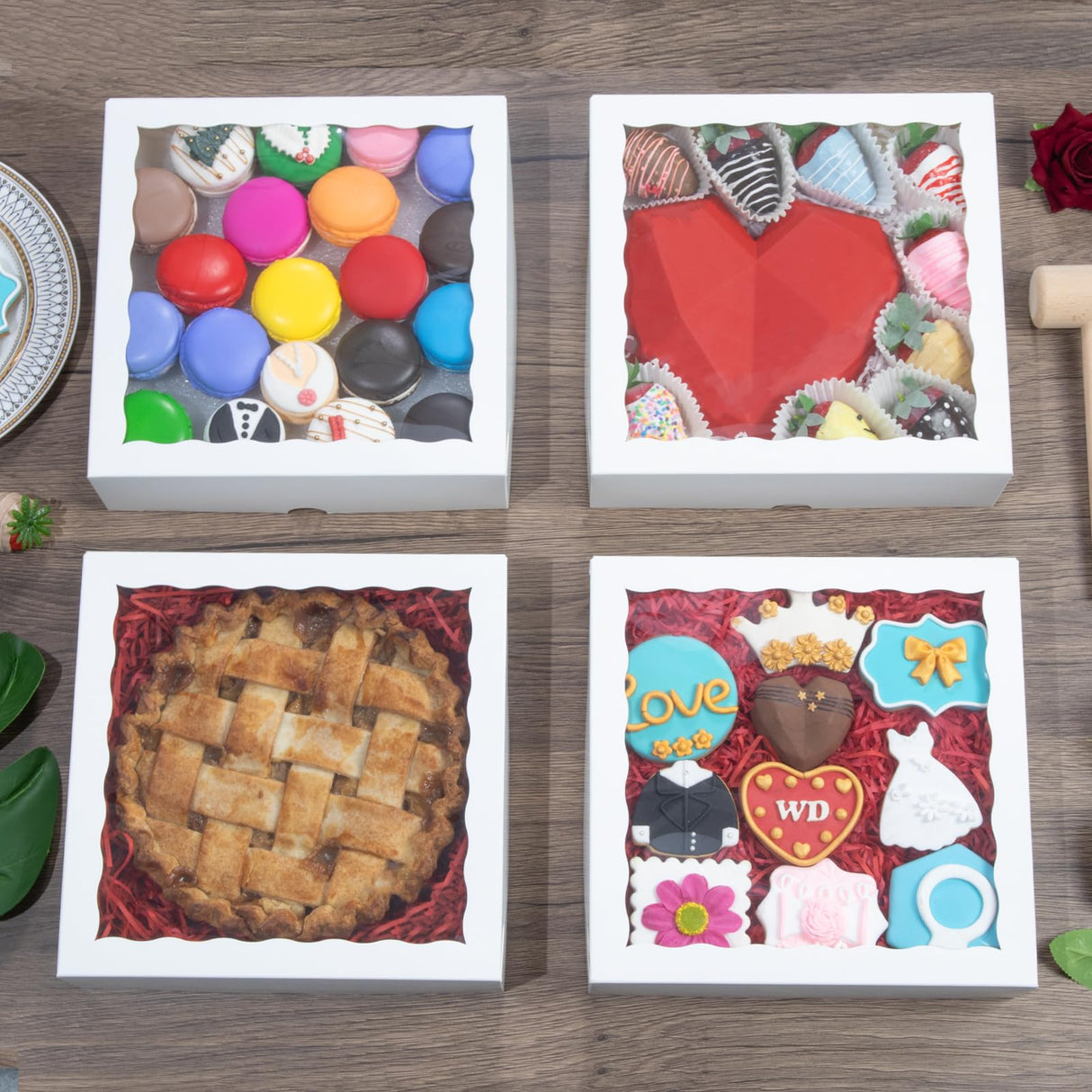 TEMLQPACK 50pcs 9x9x2.5 Inches White Bakery Boxes - Cookies, Pie, Chocolate Covered Strawberries, Breakable Heart, Charcuterie Boxes for Valentine's & Christmas