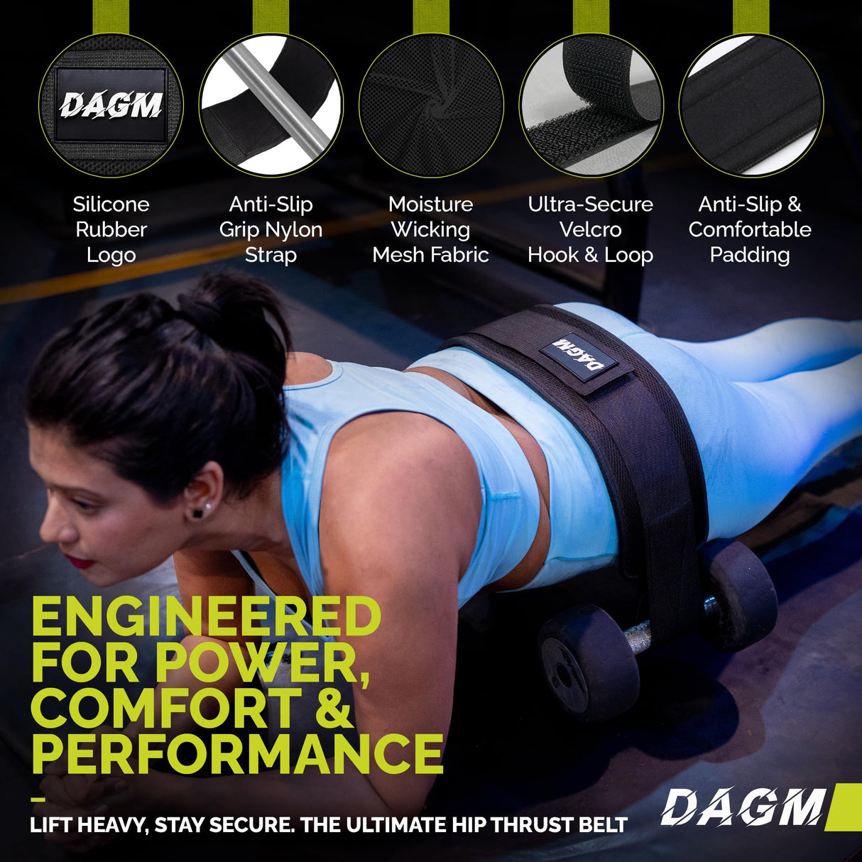DAGM Hip Thrust Belt for Dumbbells heavy, Secure Glute Trainer with Non-Slip Extra Padding That Protects Your Hips - Ideal for Gym & Home Workouts - Use with Heavy Duty Kettlebells, Dumbbells, & Plates Hold up to 500 lbs