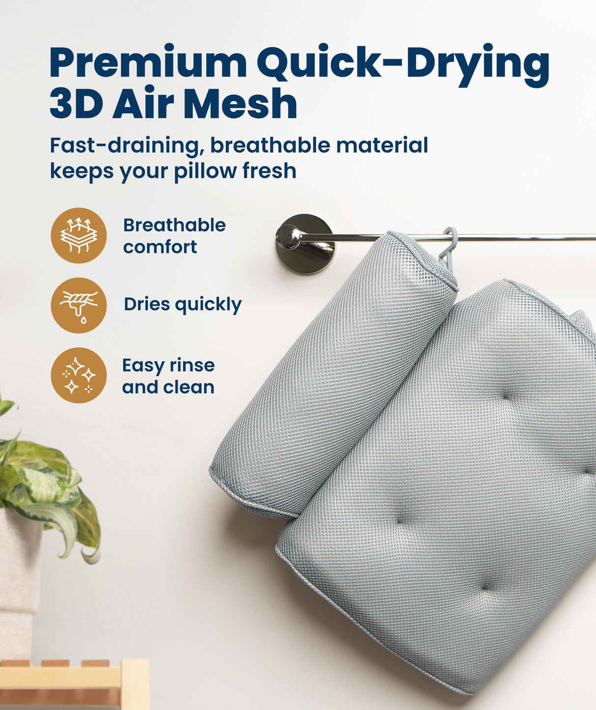 Everlasting Comfort Luxury Bath Pillows for Tub with Head and Neck Support - Non-Slip Bathtub Pillow with Suction Cups, Quick-Drying Mesh & Drying Hook - Jacuzzi & Spa Accessories for Women - Gray