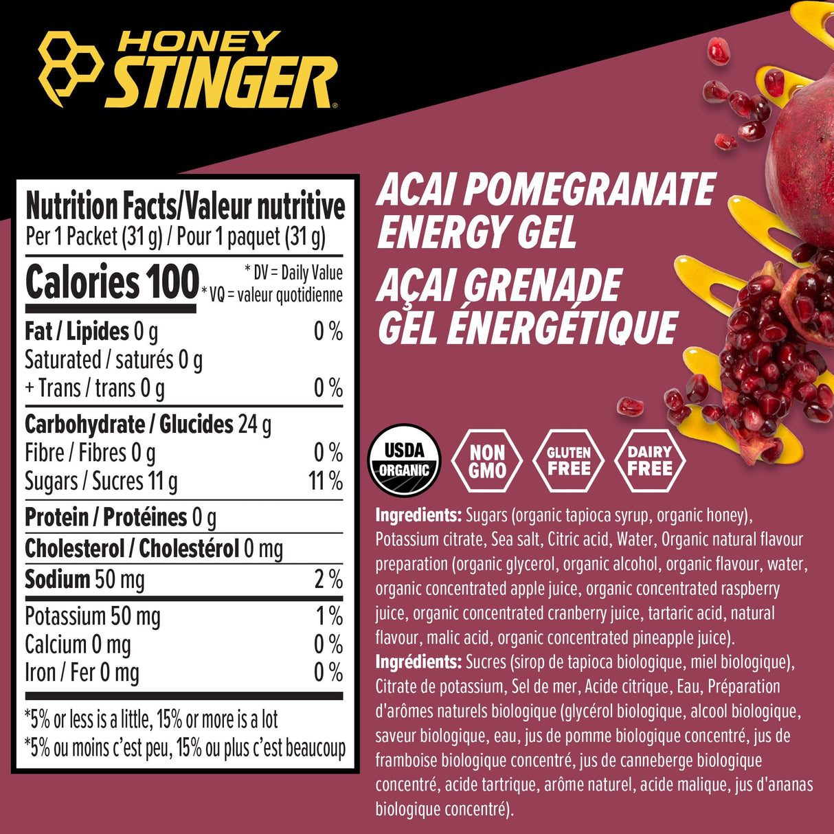 Honey Stinger Organic Acai Pomegranate Energy Gel, Gluten Free & Caffeine Free, for Exercise, Running and Performance, Sports Nutrition for Home & Gym, Pre and Mid Workout, 24 Pack, 26.4 Ounce