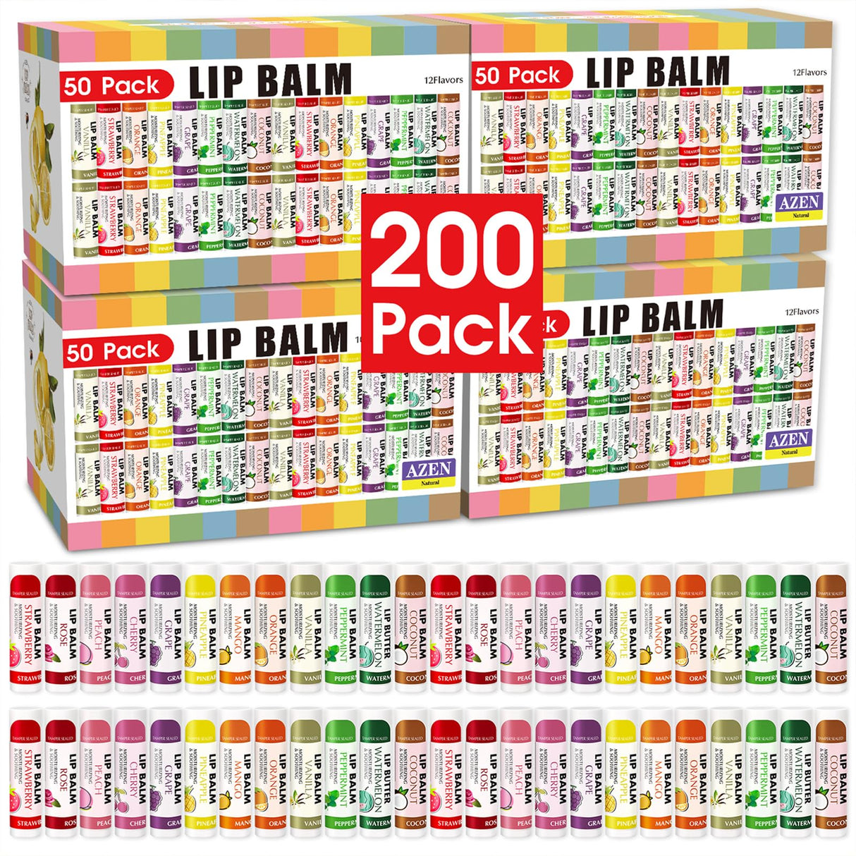 AZEN 200 Pack Lip Balm, Natural Lip Balm Bulk, Lip Care Product, Moisturizing Lip Balms for dry cracked lips - 12 Flavors