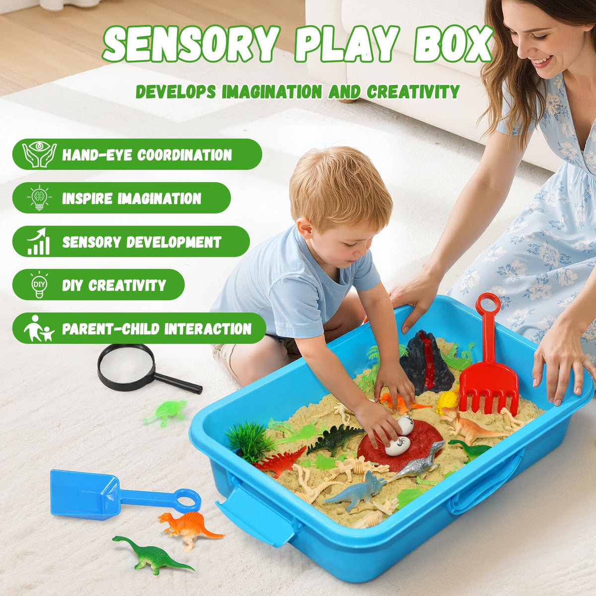 Pakimio Dinosaur Sensory Sand Kit, Lidded Dino Sensory Bin Sandbox for Kids