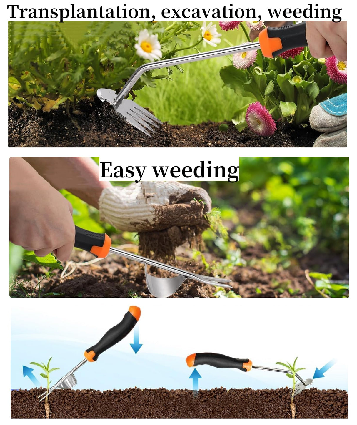 ANGKMA Weed Puller Tool, New Garden Weeder Tool Stainless Steel Hand Weeder Tool,4 Teethes Dual Purpose Weed Remover Tool Weeding Tools for Gardening(2PCS)