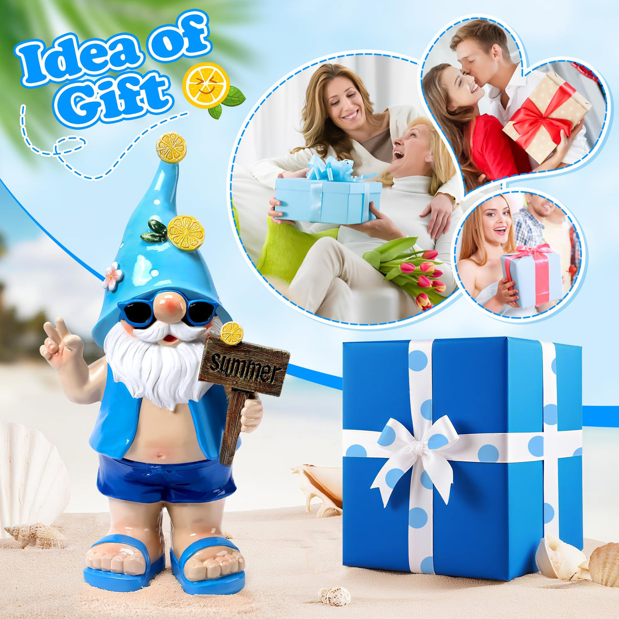Wiresusan Outdoor Summer Gnomes Statue Beach Gnome Garden Decor for Outside, Beach, Yard, Lawn Ocean Sea Theme Home Decorations for Table, Shelf, Blue Gnome Figurine Funny Elf Gifts for Women
