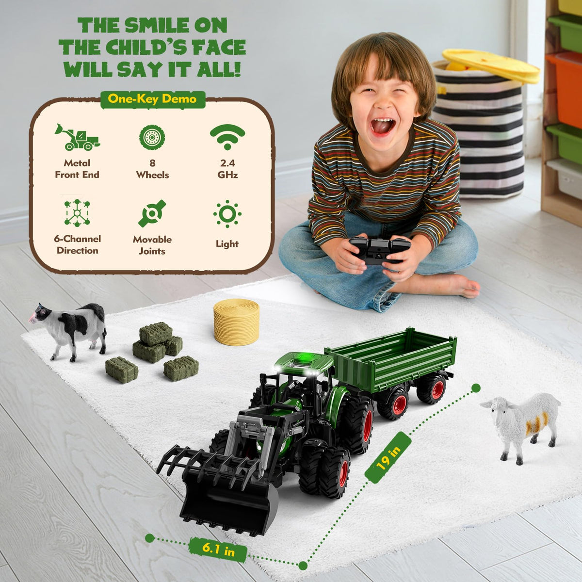 Uarzt Remote Control Tractor Toy with Trailer | Metal Front & Front Loader Farm Vehicle Set with Lights & 8-Wheel Design, RC Tractor Truck for Boys Ages 3-9, Fun Farm Toy Gift for Kids