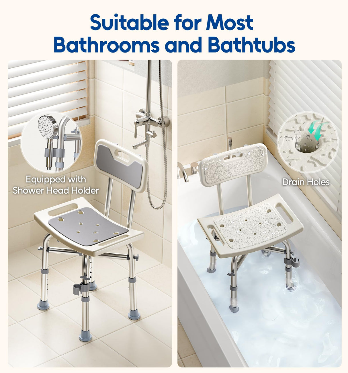 Bluelog Shower Chair with Back for Elderly and Disabled, Shower Seat Bench Stool, Adjustable Height, 500 lbs Capacity, FSA/HSA Eligible, Rectangular