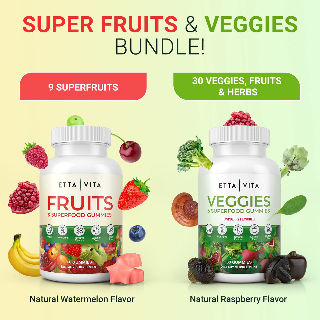 (120 Chews) Fruits and Veggies Supplement - Superfood Fruits and Veggies Gummies (9 Superfruits & 30 Veggies) Mushrooms, Fruit and Vegetable Vitamins, Non-GMO, Pectin-Based, Gluten-Free, No Capsules
