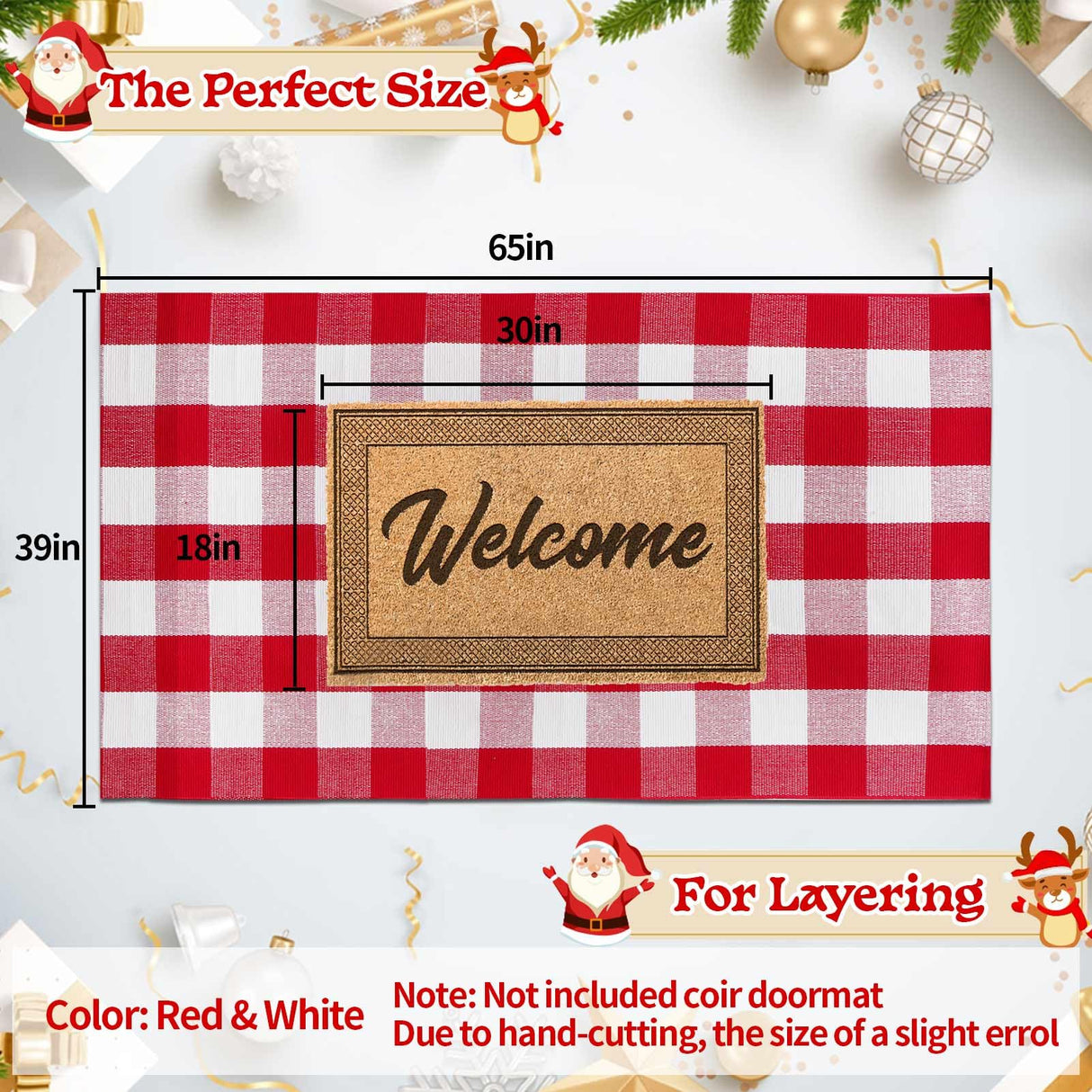 Christmas Red and White Plaid Rug 3 x 5 Ft, Hand-Woven Indoor/Outdoor Layered Cotton Blend Buffalo Plaid Rug, Washable Front Door Mat, Perfect for Porch, Living Room, Entryway
