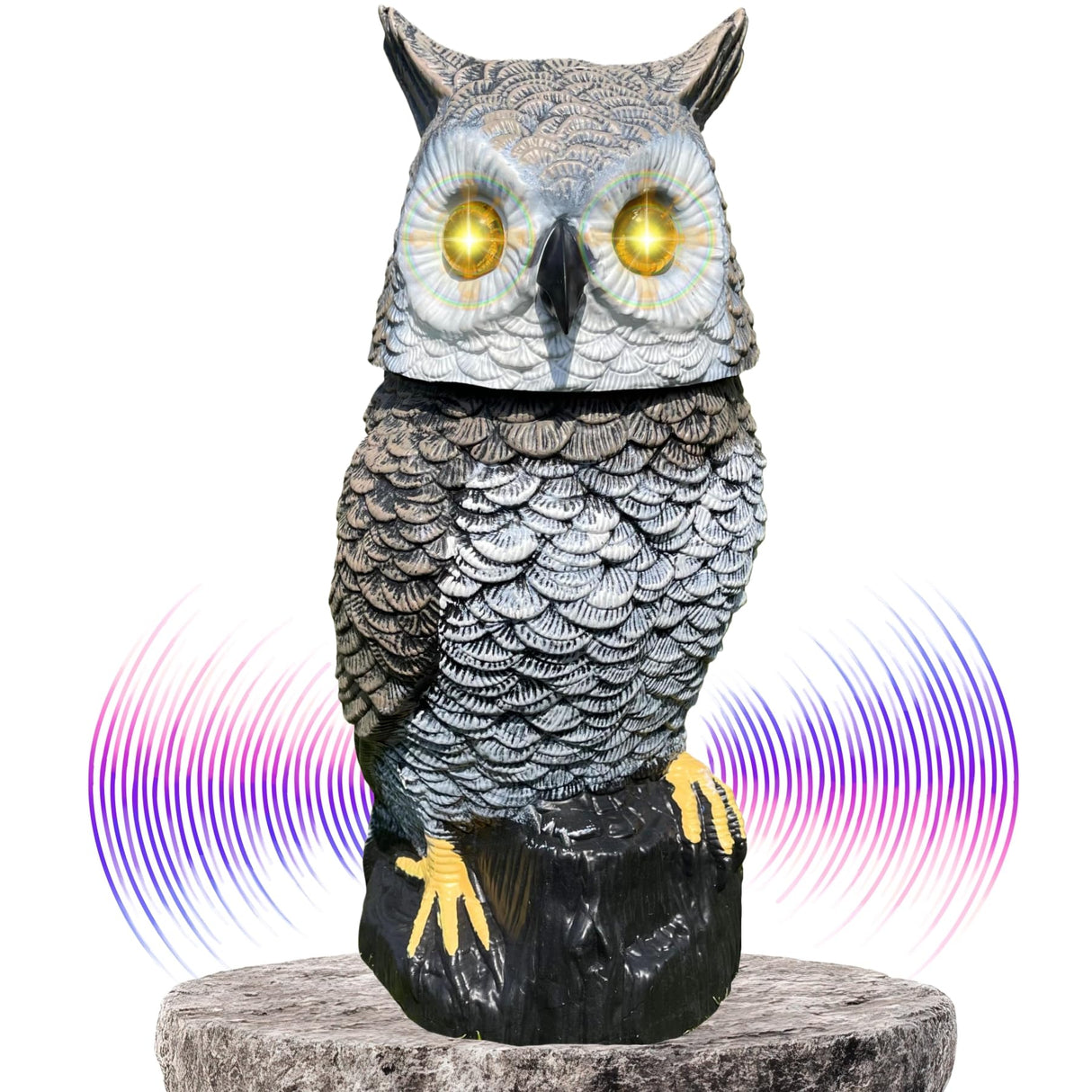 Owlery Brown Solar Owl with Motion Detector, Flashing Eyes, Spinning Head, Realistic Hooting and Silent Mode, Garden Owl, Outdoor Statue, Decoration for Home, Garden, Patio and Fence
