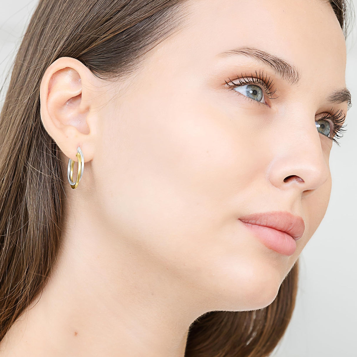 Hoops & Loops 925 Sterling Silver Intertwined Round Hoop Earrings for Women, Two-Tone Layered Trendy Double Square-Tube Hypoallergenic Click-Top Hoops, 20mm - Two-Tone Silver & Yellow Gold