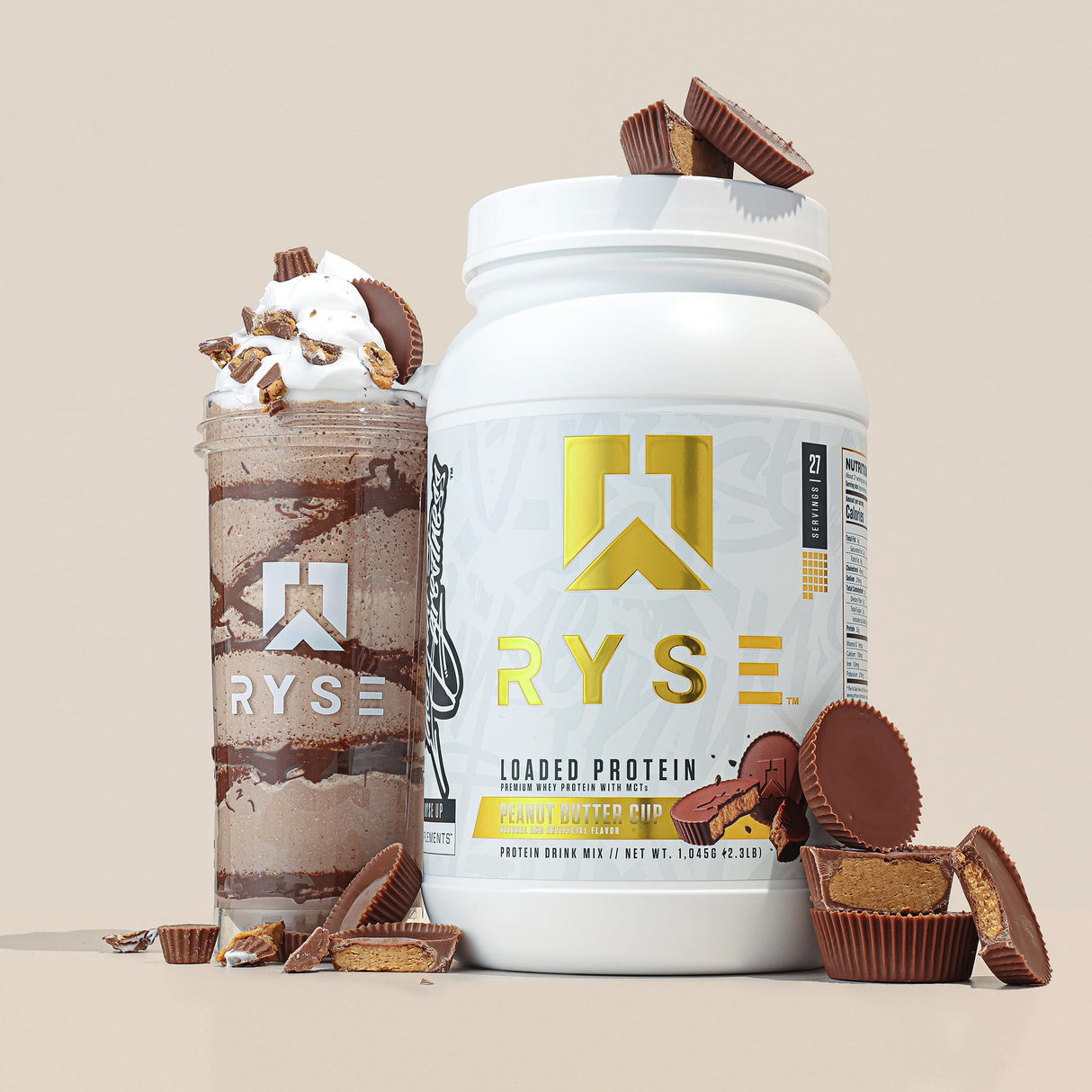 RYSE Loaded Protein Powder - Peanut Butter Cup - 25g Whey Protein Isolate & Concentrate with Prebiotic Fiber & MCTs - Low Carb, Low Sugar, Digestive-Friendly - 27 Servings / 2 lb Tub