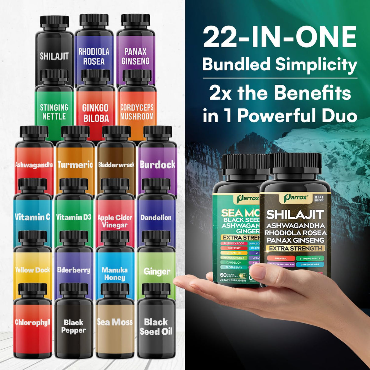 Parrox Shilajit and Sea Moss Bundle, Sea Moss 350mg, Black Seed Oil 200mg, Ashwagandha 100mg, Turmeric, Shilajit 300mg, Rhodiola Rosea 100mg, Panax Ginseng 50mg, Dynamic Vitality Bundle (1 Pack)