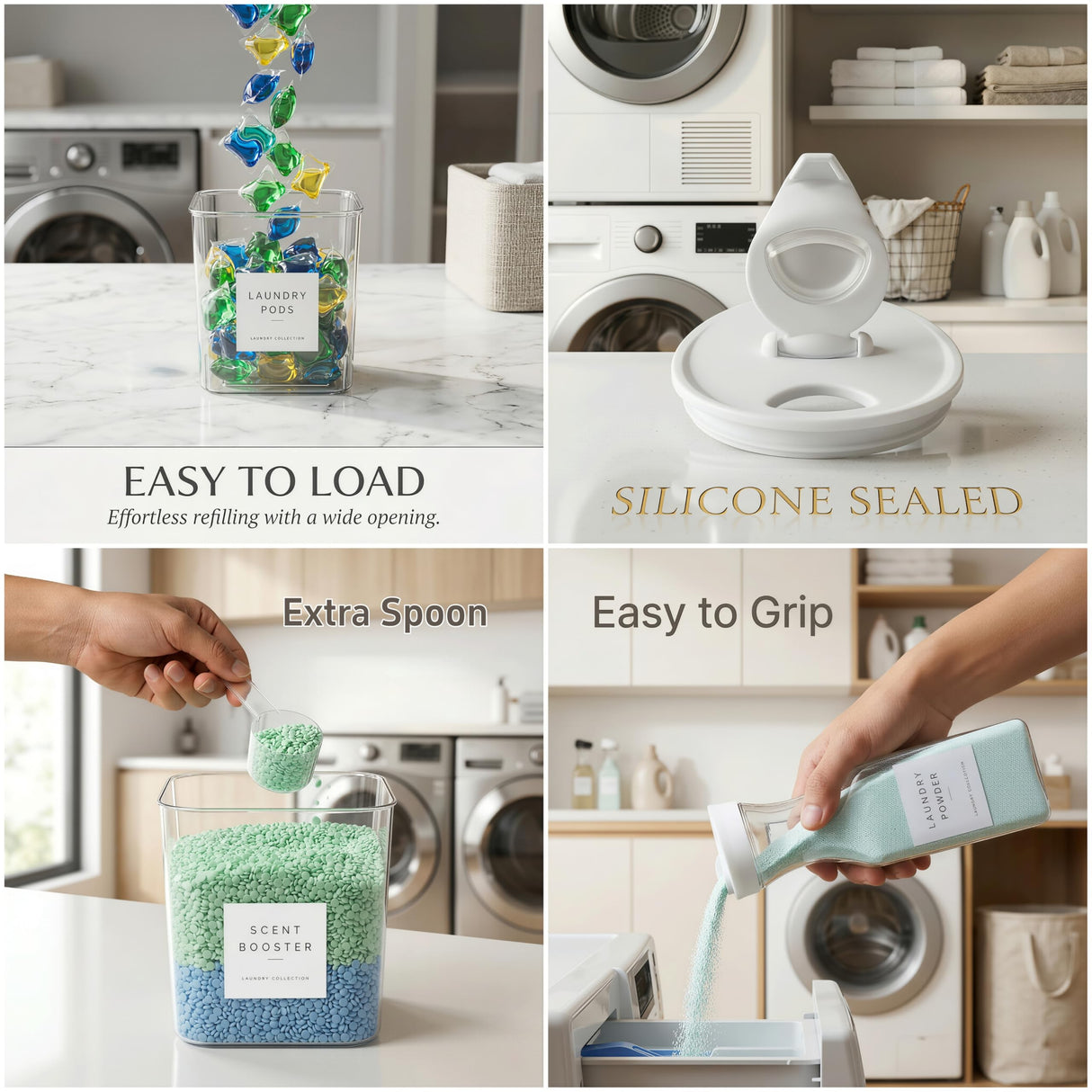 3+2 Pack Laundry Pods Containers & Dryer Sheet Holder & Laundry Detergent Dispenser, Laundry Room Organization and Storage Jars with Lids, Labels and Scoops for Scent Booster, Powder, Pods