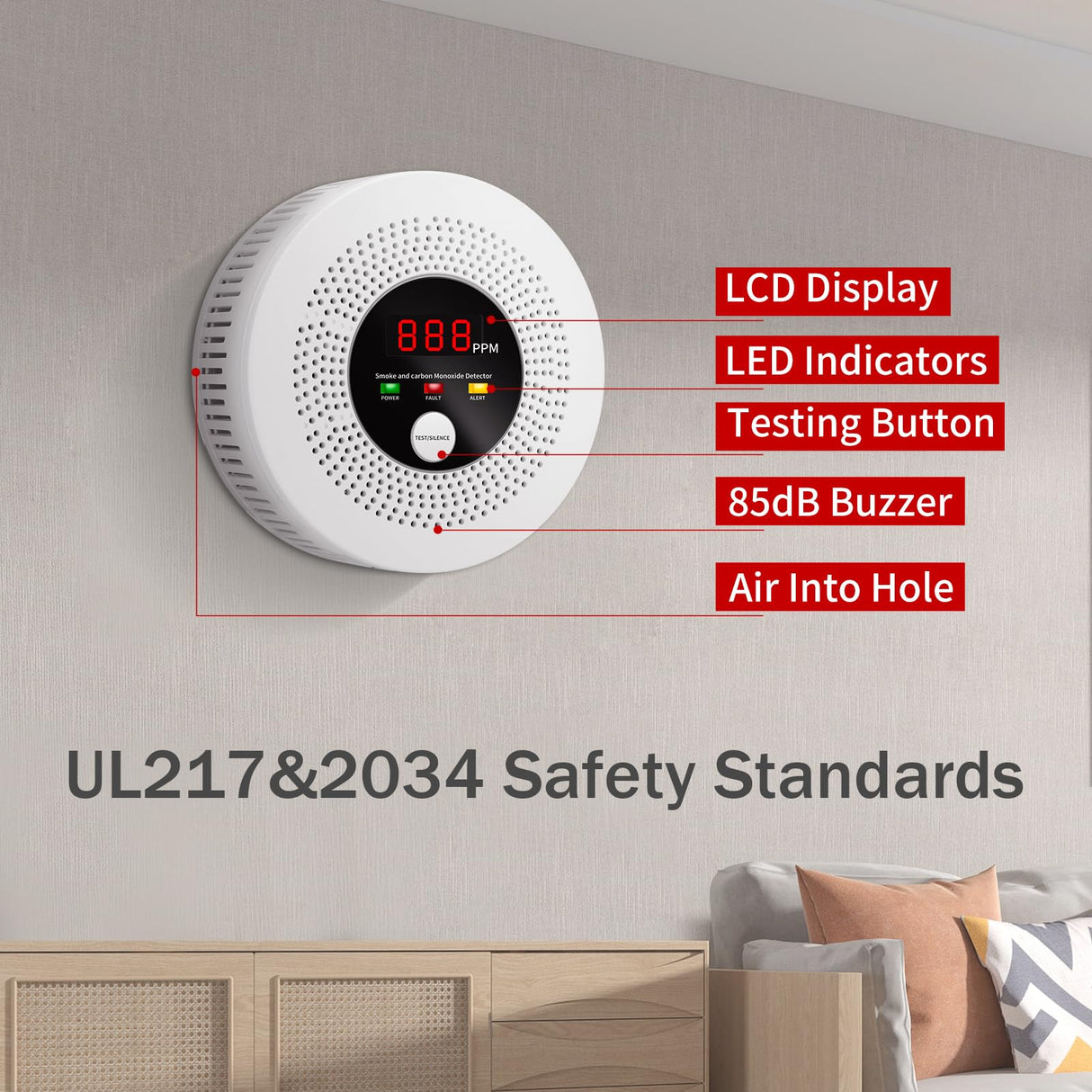 2-in-1 Smoke and Carbon Monoxide Detector 10-Year Battery-Powered CO Alarm with Clear LCD Display and Sound Warning for Home Reliable Detector for Enhanced Safety and Protection (Includes Batteries)