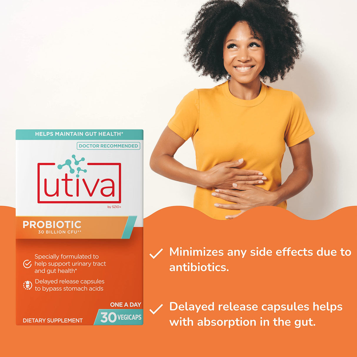 Szio+ Utiva Probiotic – Urinary Tract and Gut Health Supplement – 12 Billion CFU Lactobacillus & Bifidobacterium Probiotic for Men and Women, 30 Delayed Release Vegi Capsules