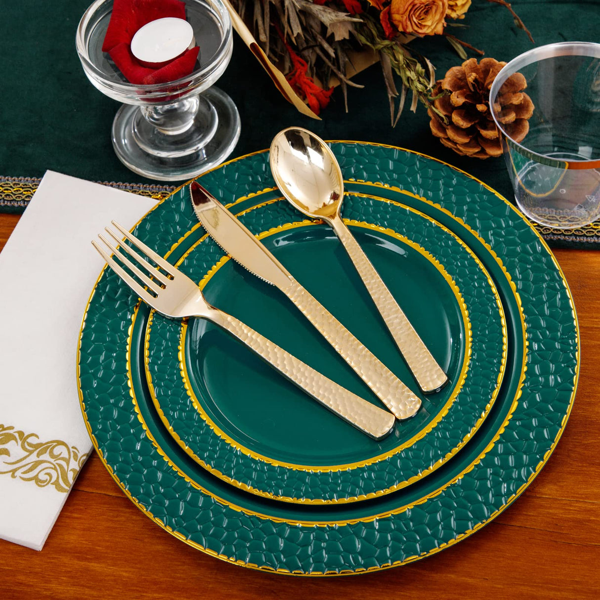 FLOWERCAT 175PCS Marrs Green Plastic Plates with Gold Rim&Christmas Plates&Green and Gold plastic Plates&Gold Plastic Silverware - Ideal for Wedding,Spring Party,St. Patrick's Day