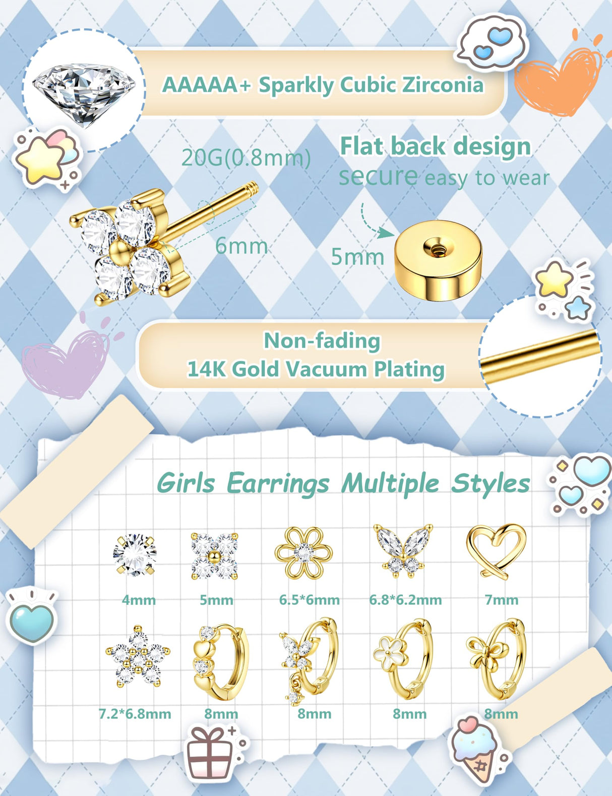 SAILIMUE Hypoallergenic Flat Back Earrings for Girls Women - Cute Toddler Kids Earrings Set Surgical Stainless Steel Earring for Sensitive Ears Small 14K Gold Plated Stud Hoop Earring Stacks