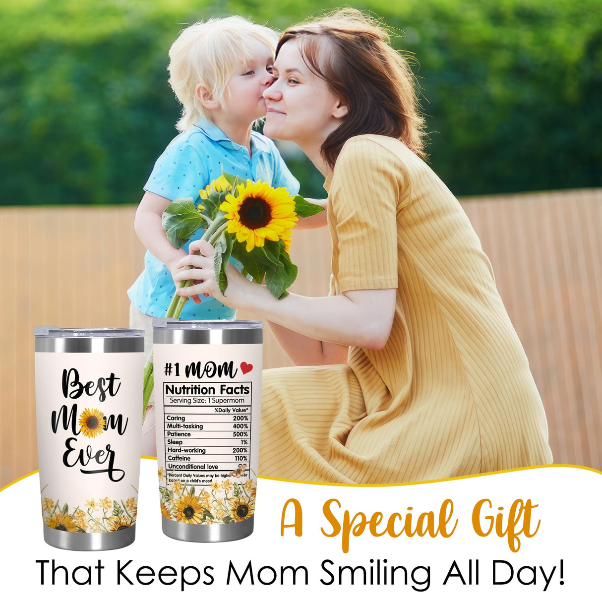 TEEZWONDER Christmas Birthday Gifts for Mom from Daughter Son - #1 Nutrition Facts Sunflower Stainless Steel Insulated Coffee Tumbler with Lid 20 oz - Mothers Birthday Gifts for Mama Grandma Women