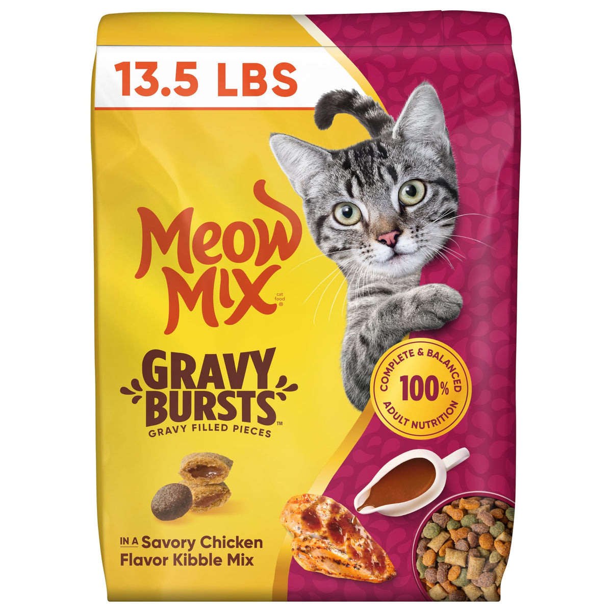 Meow Mix Gravy Bursts, Dry Cat Food, Savory Chicken Flavor, 13.5 lb. Bag