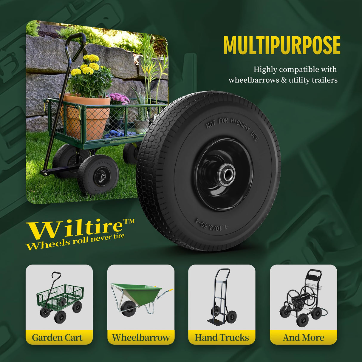 Wiltire (2 Pack) 4.10/3.50-4 Flat Free Tire and Wheel 10-Inch Solid Wheel Replacement with 5/8 Extra 3/4 &1/2 Bearings,2.2" Offset Hub -Compatible with Hand Truck,Wheelbarrow(Wave,Black)