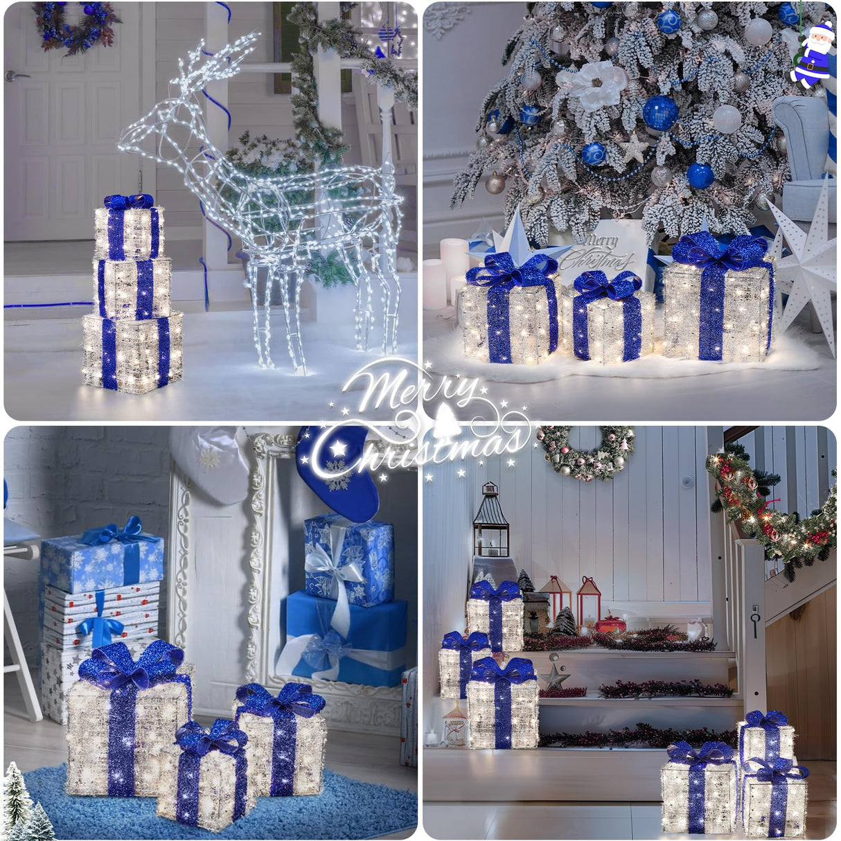Blue Christmas Decorations, Christmas Lighted Gift Boxes 140 LEDs Light Up Presents Christmas Decor, 8 Modes & Timer Function Plug-in Set of 3 Lighted Christmas Boxes for Xmas Holiday Indoor Outdoor