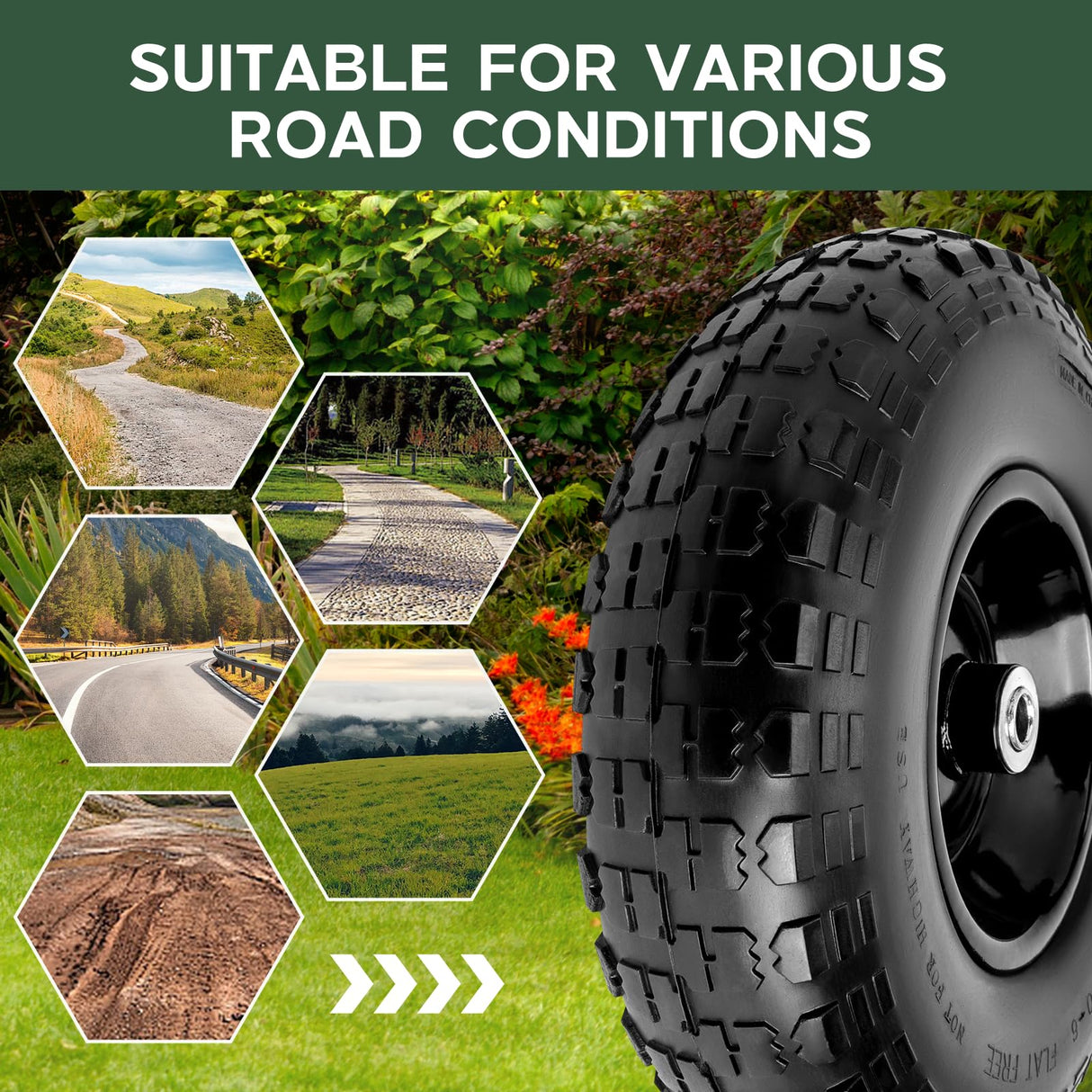 Taifa 1 PC 13 Inch Rubber Solid Flat Free Replacement Tires and Wheels 4.00-6 with 5/8'' Axle Bore Hole, Air Less Wheel for Wheelbarrow/Wagon/Hand Truck/Trolley/Garden Scooter etc.