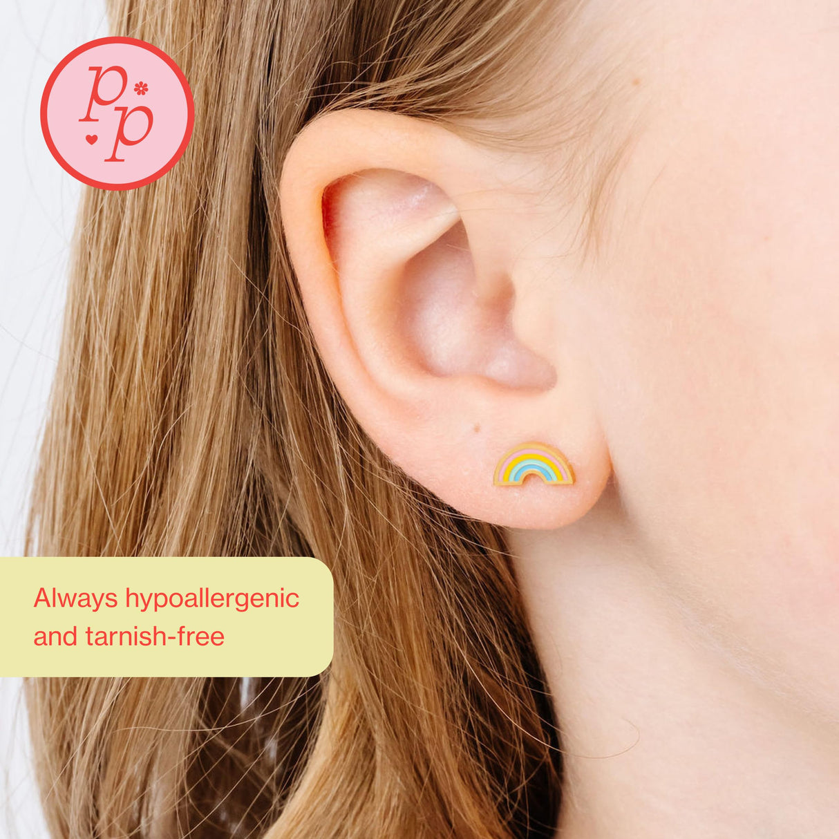 Pip Pop Pastel Rainbow Stud Earrings - everyday jewelry, Gold, hypoallergenic, flat back earring, all-day comfort for sensitive ears