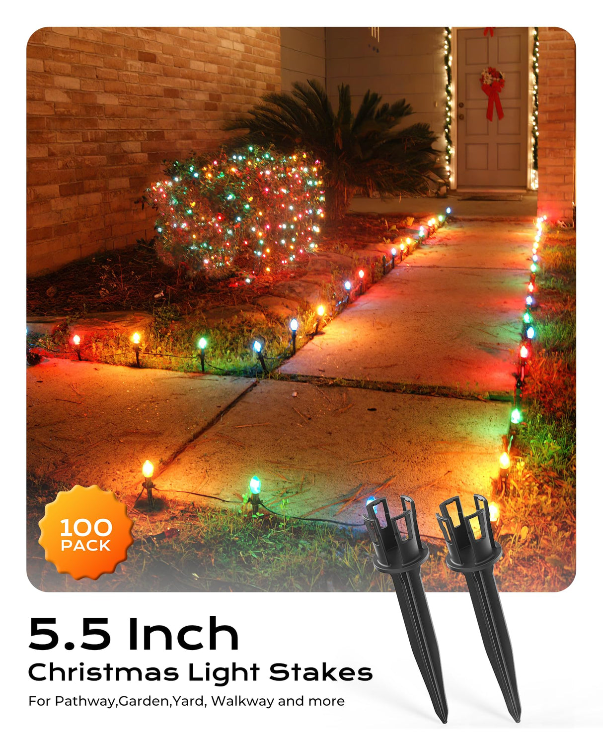 100-Pack Christmas Light Yard Stakes, 5.5 Inch Lighting Stakes for C7 C9 Christmas Lights Outdoor, Universal Yard Stakes for Outdoor Holiday Lights Use on Garden Lawn Patio Pathway Walkway – Black