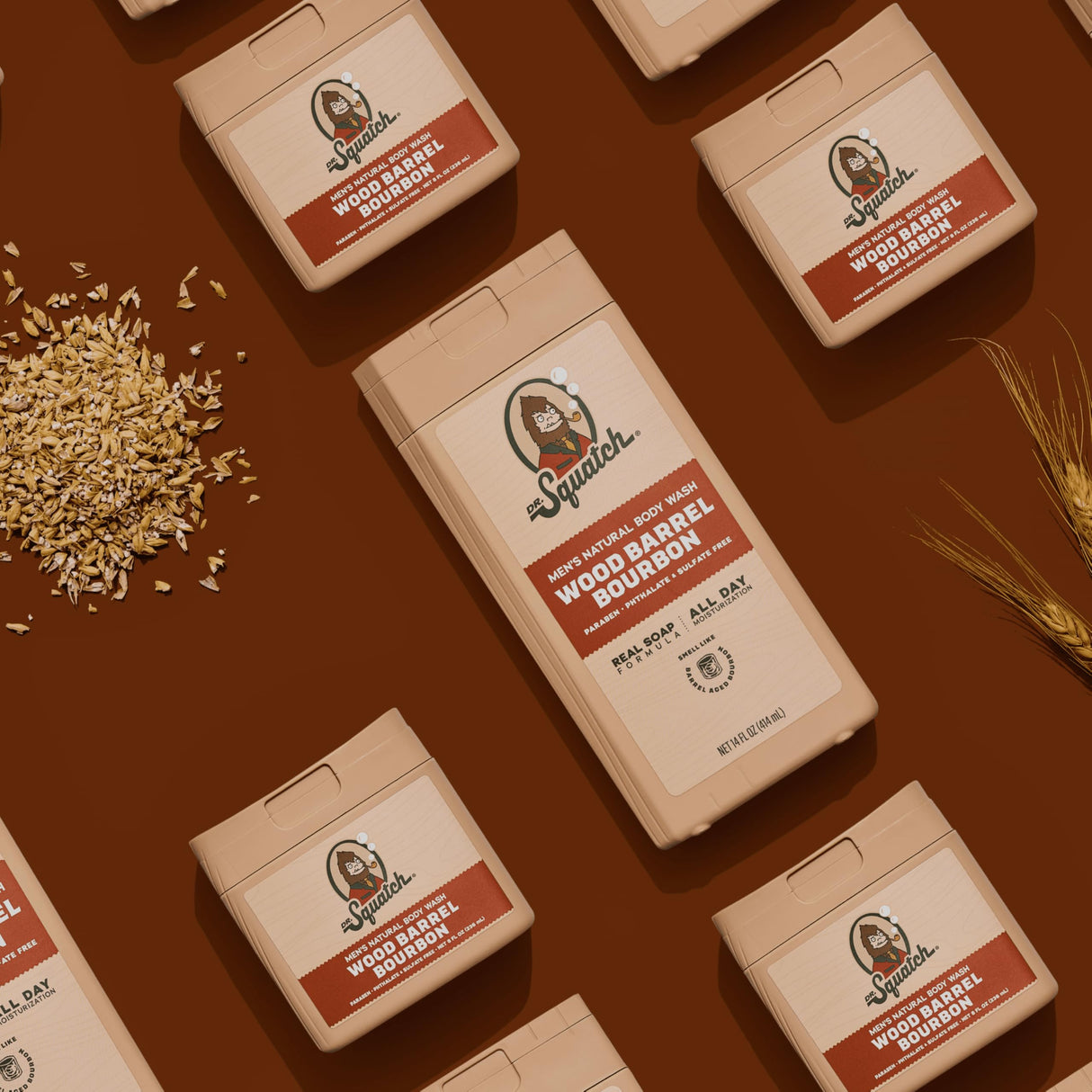 Dr. Squatch NEW Body Wash for Men with Nourishing, Natural Ingredients | No Paraben, Phthalate, Sulfate | Wood Barrel Bourbon (14 oz), Coconut Castaway & Pine Tar (8 oz, 2-Pack) & Body Scrubber