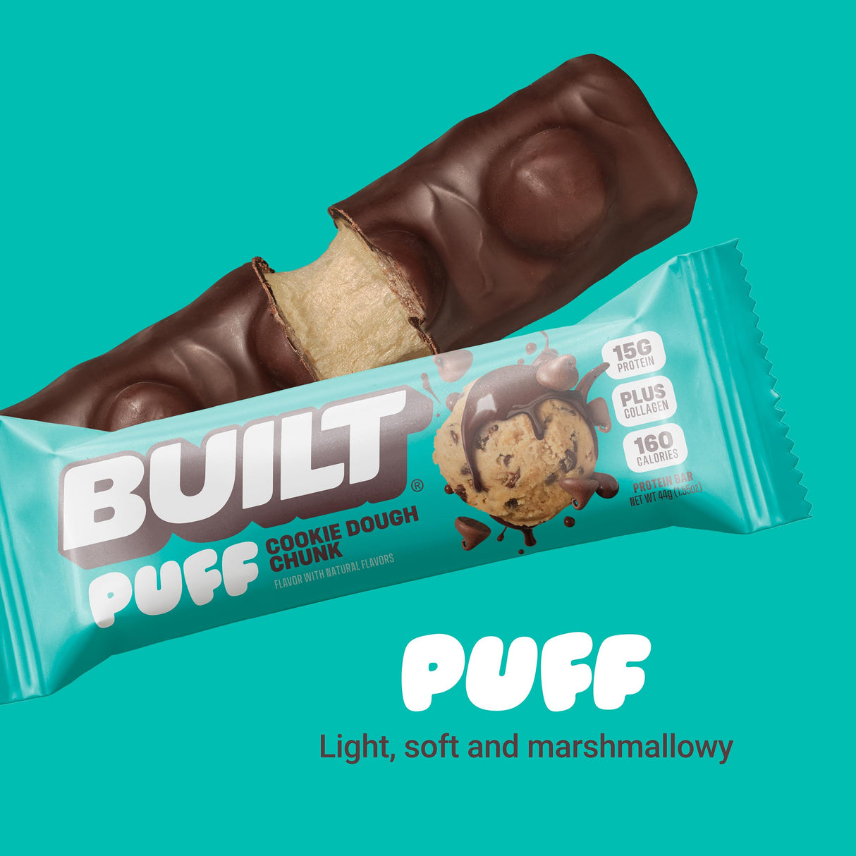 Built Bar, Puff Protein Bars, Cookie Dough Chunk Puff, 15g Protein Snacks, On-The-Go Bars, Only 160 Calories, 8g Sugar, Collagen, Not Gluten Free, 12 Count