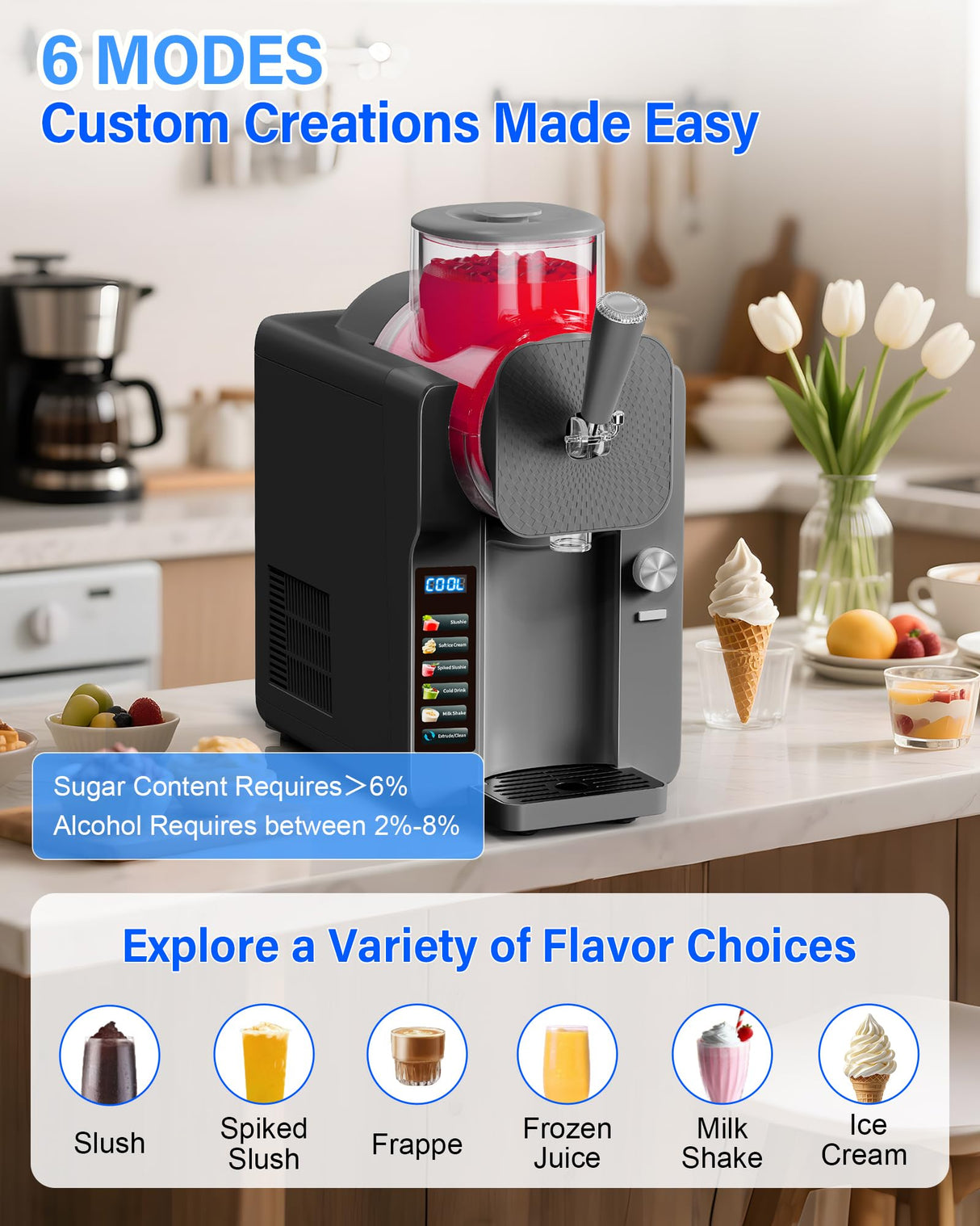 2-IN-1 Slush Machine & Ice Cream Maker Machine, 6 Modes for Smoothies, Milkshakes, Cocktails, Margarita, and Ice Cream, Double-Layer Tank, With Ice Cream Cone Holder, Self-Cleaning, For Home Use, Grey
