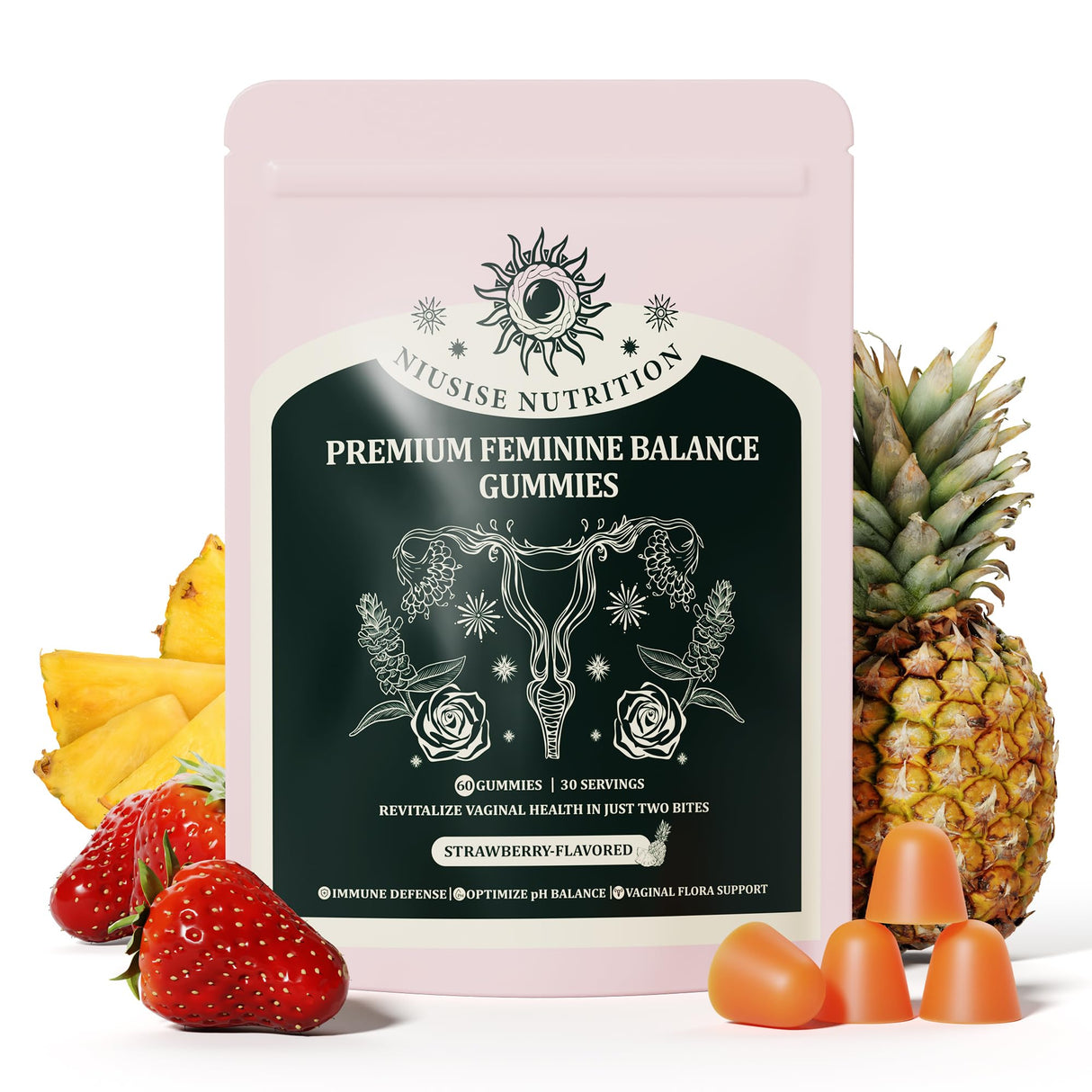 NIUSISE Feminine Balance Gummies, Premium Balance Supplement for Women PH Health, Immune Support, Vegan, Gluten-Free - Hawaiian Pineapple - 60 Gummies - 30 Servings