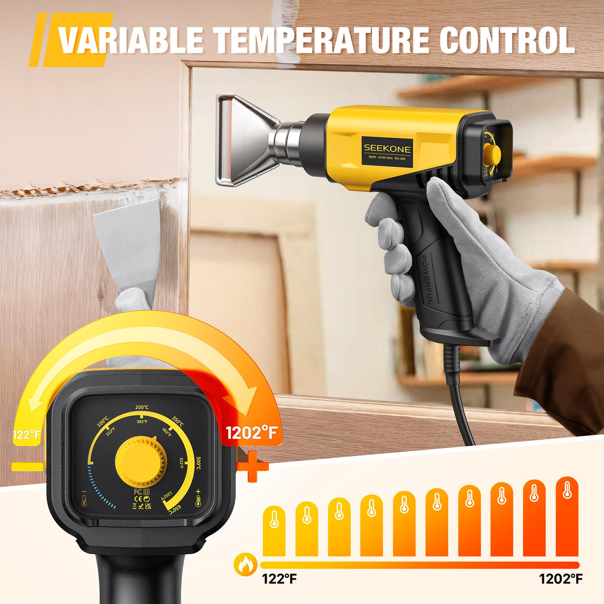 SEEKONE 1800W Heat Gun Compact Design Heavy Duty Hot Air Gun 122℉-1202℉(50℃- 650℃)Variable Temperature Control for 2 Speed Settings with 4 Nozzels for Crafts, Vinyl Wrap, Shrink Tubing