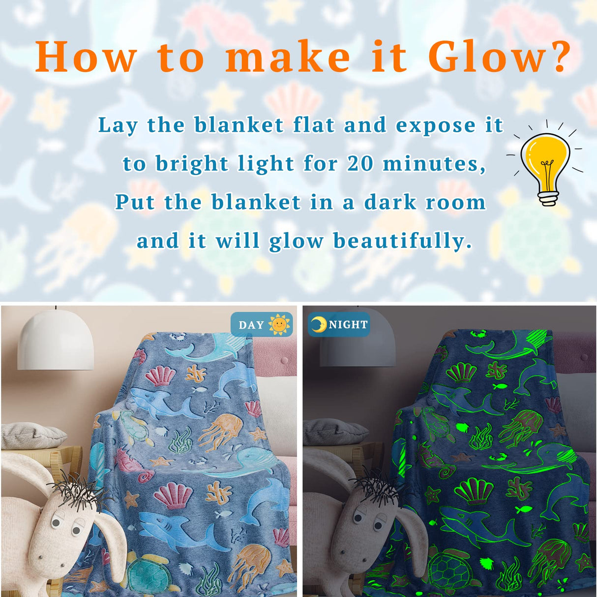 Gifts for Boys Ocean Glow in The Dark Blanket for Girls Kids Turtle Fish Soft Throw Blanket for Couch Bed Birthday Christmas 50" x 60"