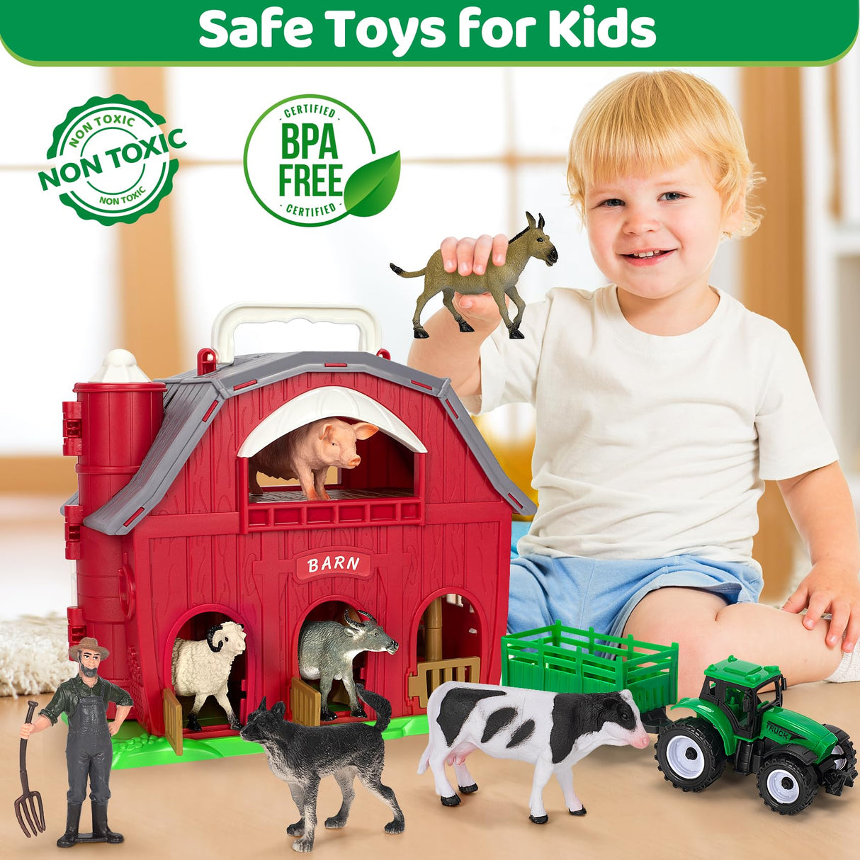 Farm Animals Toys for 1 2 3 4 5 Year Old Toddlers Girls Boys, Big Red Barn Farm with Figures Animals and Tractor Toy for Kids, Farm Playset Educational Learning Toys, Ideal Christmas Birthday Gifts