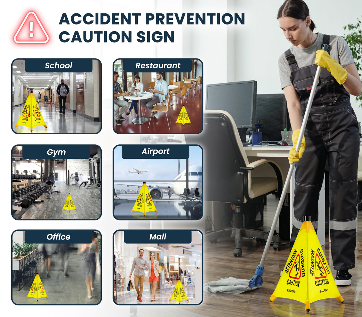 Alpine Caution Wet Floor Sign - Pop Up Slippery When Wet Sign, Wall Mounted Foldable Bilingual Yellow Safety Warning Caution Cone For Commercial & Office Use (20 Inches)