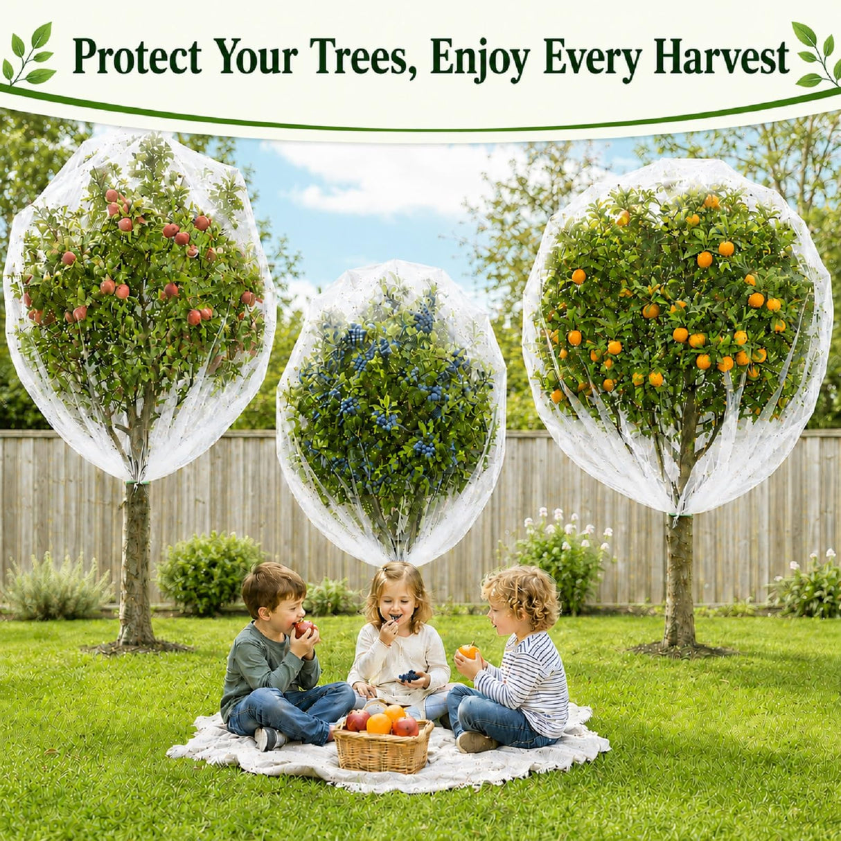 3 Pack 8 x 8 ft Large Fruit Tree Netting Covers with Zipper & Drawstring, Extra Fine Mesh Garden Netting for Blueberry Peach Apple Trees, Protects Fruit from Birds, Squirrels, Deer, Cicadas & Beetles