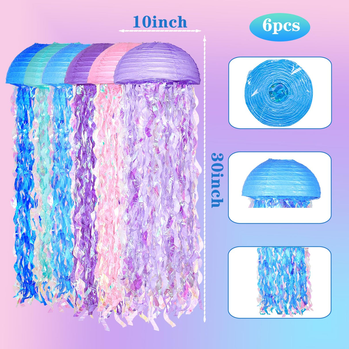 OBXT 10" Mermaid Jellyfish Lanterns – Pink Purple Blue Decorations for Mermaid Birthday Party, Under the Sea Theme, Baby Shower, Ocean & Beach Room Hanging Decor (Set of 6)