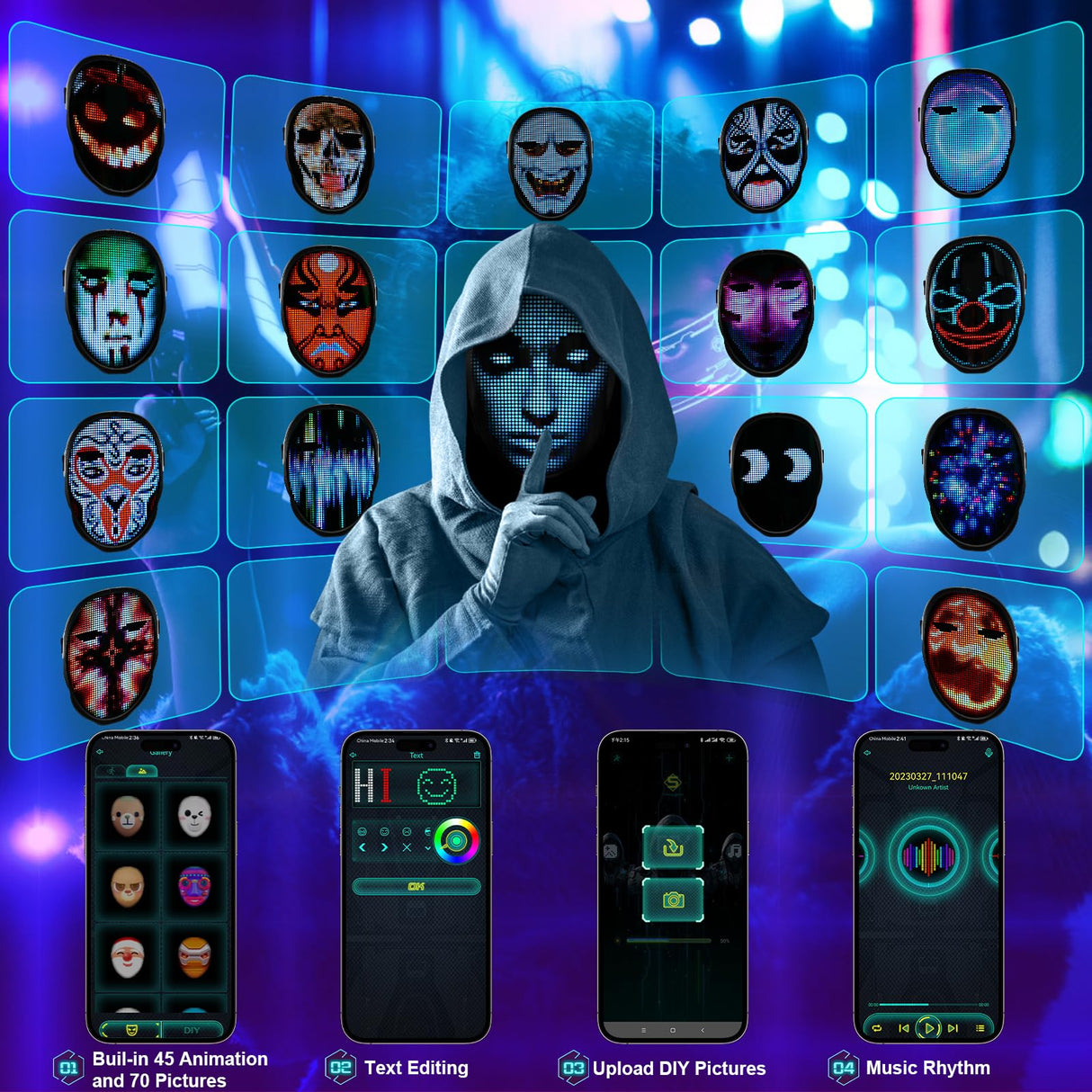 AIGLUN LED Face Transforming Mask with Gesture Control Fun - Cool stuff Halloween Cosplay and Christmas Parties