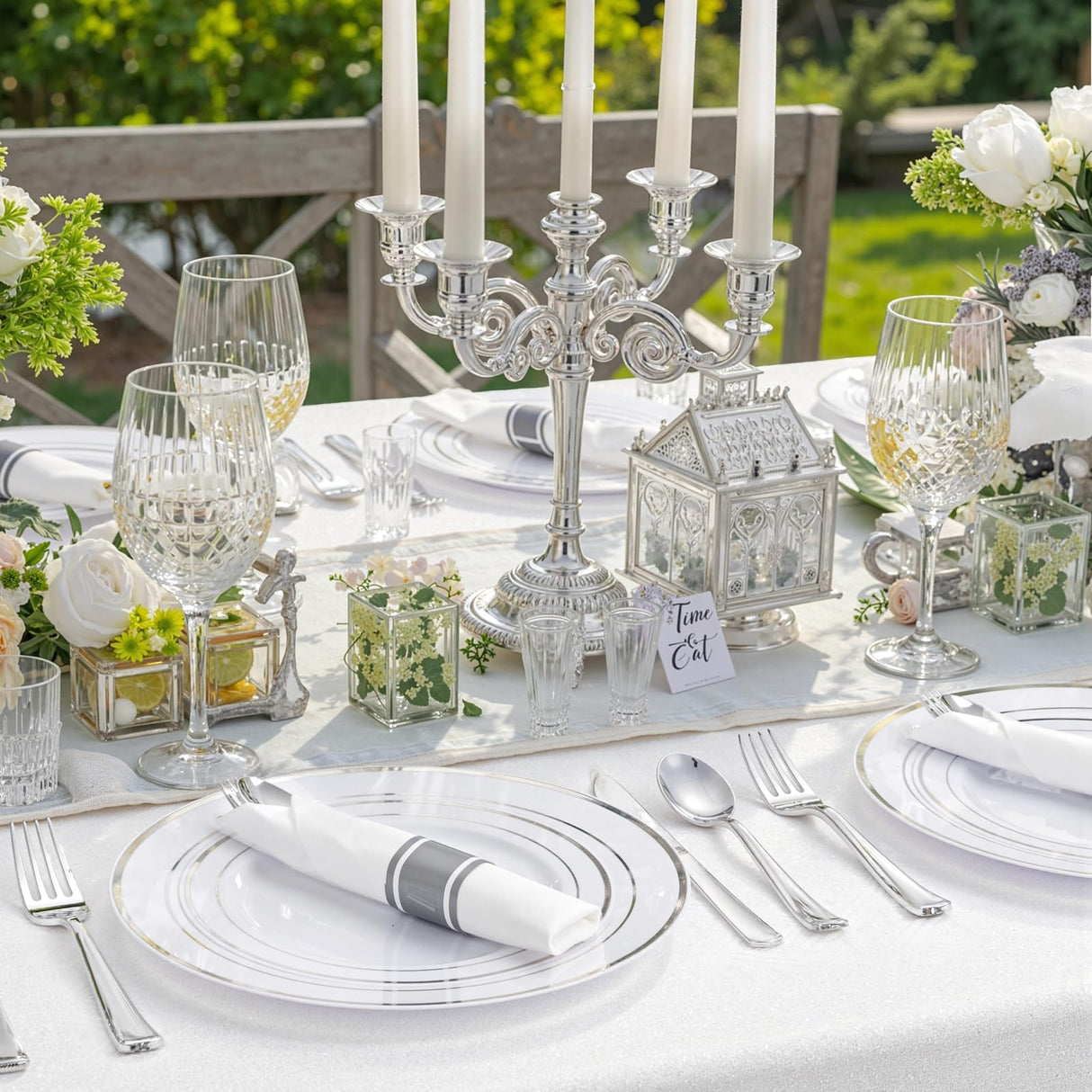 WDF Partyware 350Piece Silver Plastic Dinnerware Set for 50 Guests - Silver Plastic Plates with Cutlery Include:50Dinner Plates-50Dessert Plates-50Pre Rolled Napkins with Silverware for Christmas