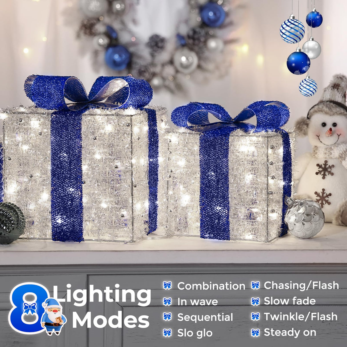 Blue Christmas Decorations, Christmas Lighted Gift Boxes 140 LEDs Light Up Presents Christmas Decor, 8 Modes & Timer Function Plug-in Set of 3 Lighted Christmas Boxes for Xmas Holiday Indoor Outdoor