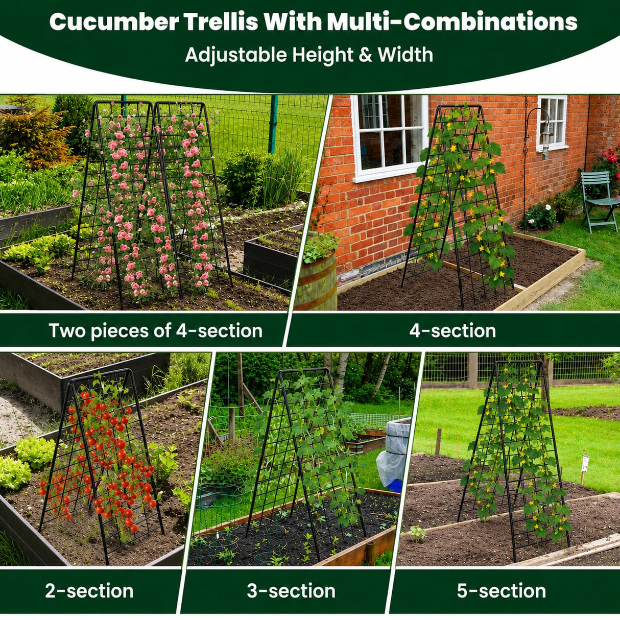 A-Frame Cucumber Trellis for Raised Bed, 50"x 16" Adjustable Heavy Duty Metal Garden Trellis for Climbing Plants Outdoor, Plant Support for Tomatoes Pea Bean Grape Vining Vegetables (2 Pack)
