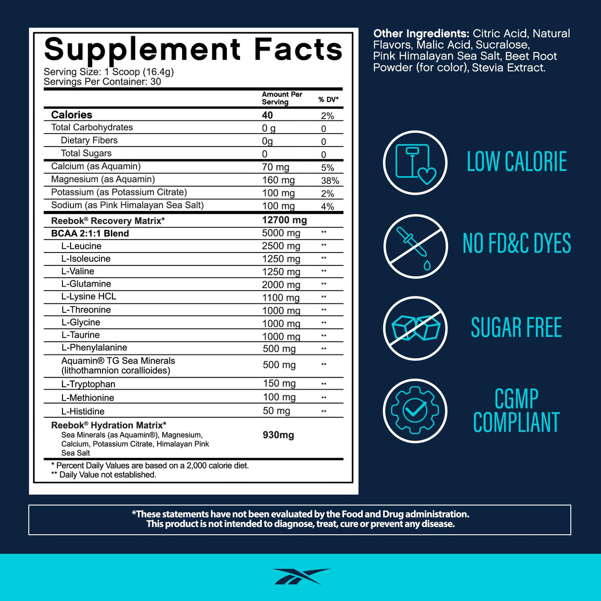 Reebok REEcover Amino Acids + Electrolytes | 8g EAAs, 5g BCAAs, Hydration Matrix | Muscle Recovery, Strength | Post-Workout Support | 30 Servings | Strawberry Lemonade