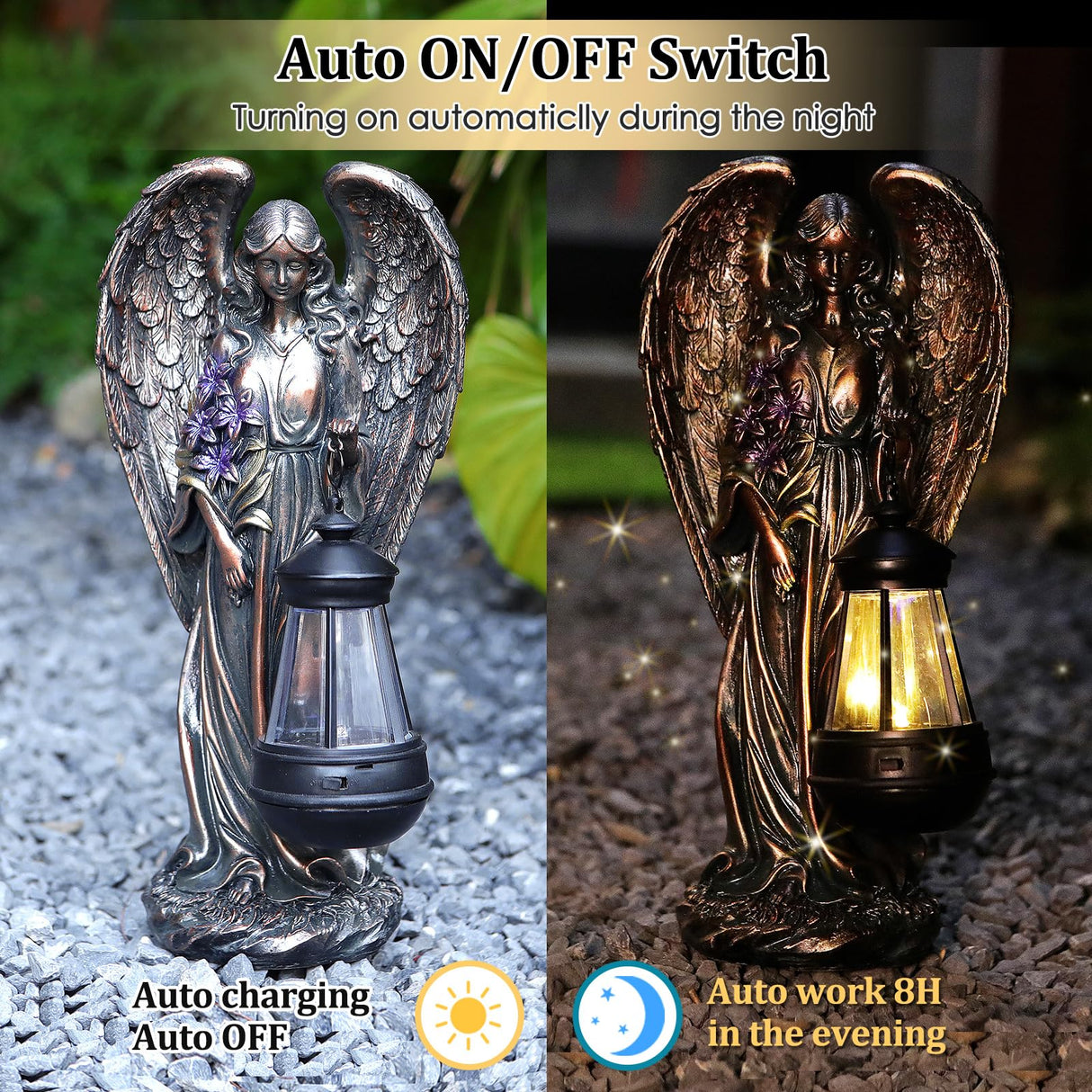 VChymm Solar Angel Outdoor Garden Decor Statues – 13.2 inches Solar Outdoor Sculptures for Outside Yard Art Patio Balcony Front Lawn Ornaments Gifts for Mom Grandma Women(Bronze)