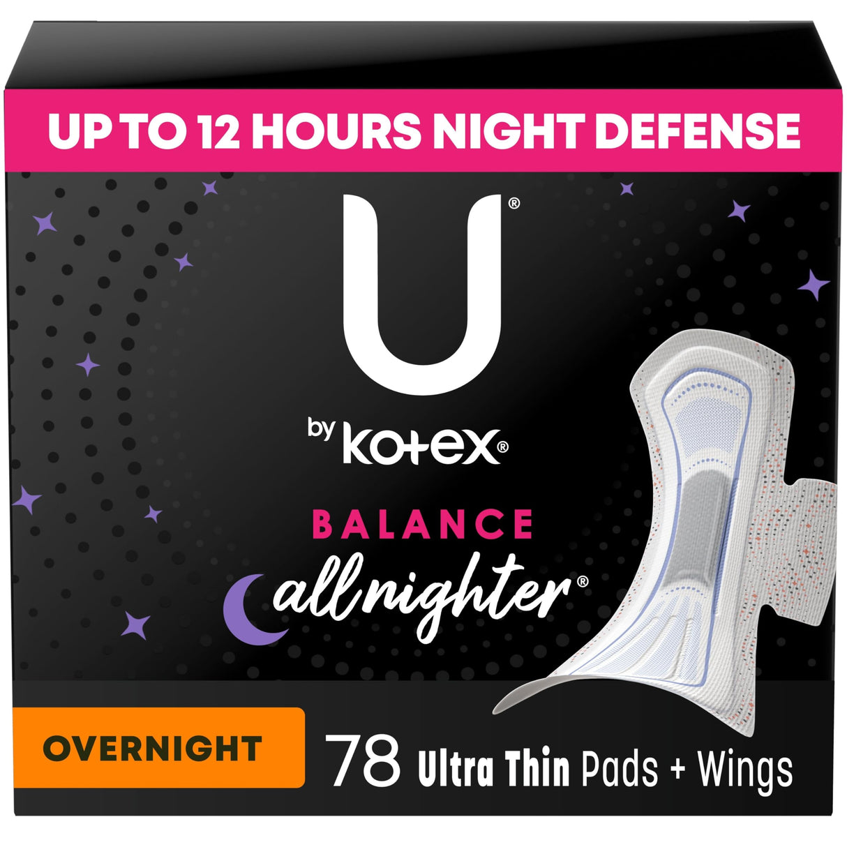 U by Kotex Balance Ultra Thin Overnight Pads with Wings, 78 Count (6 Packs of 13) (Packaging May Vary)