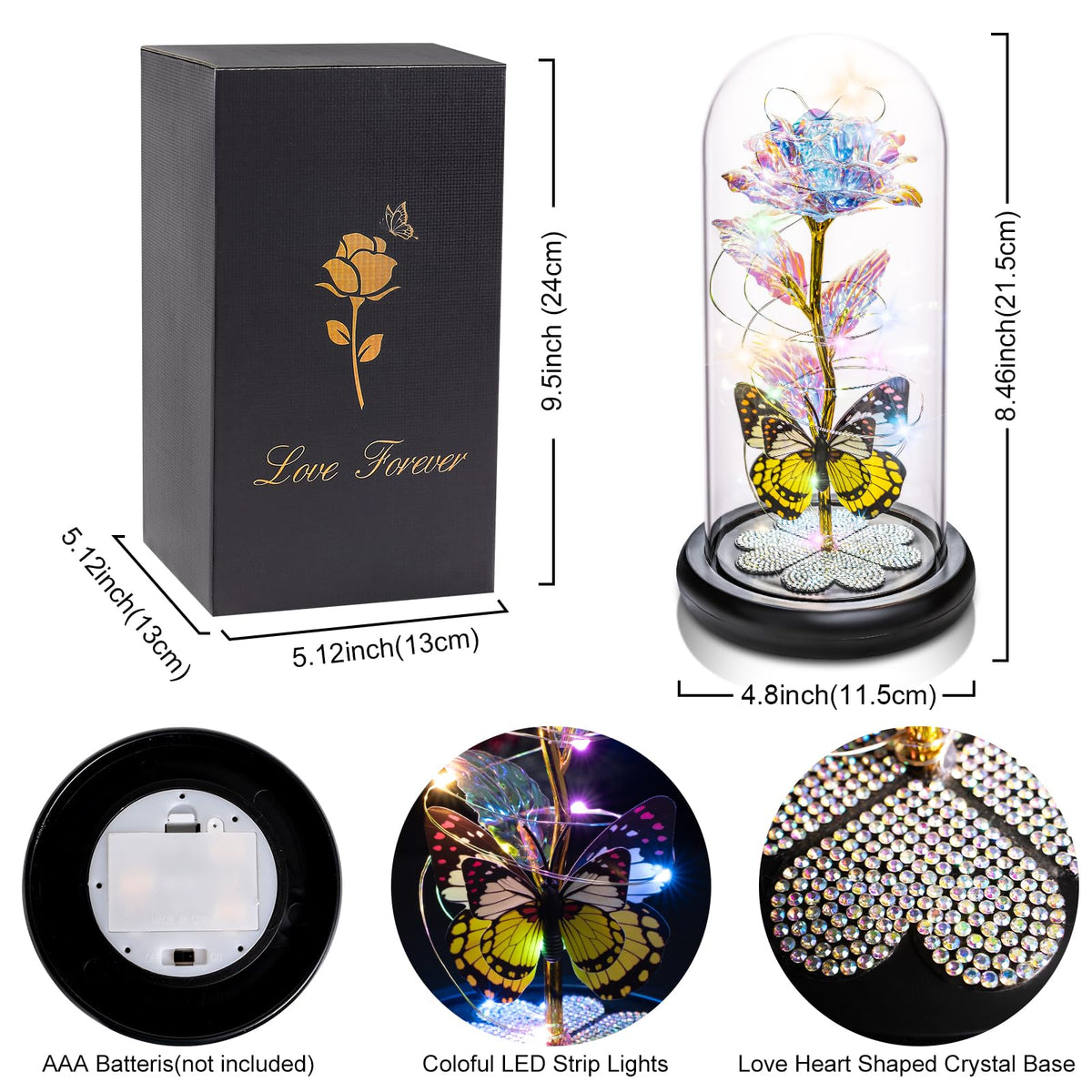 Birthday Gifts for Women Mom, Galaxy Glass Rose in Glass Dome Forever Eternal Crystal Roses with Butterfly Anniversary Christmas Rose Gifts for Women Her Wife Grandma Sister Girlfriend, Colorful